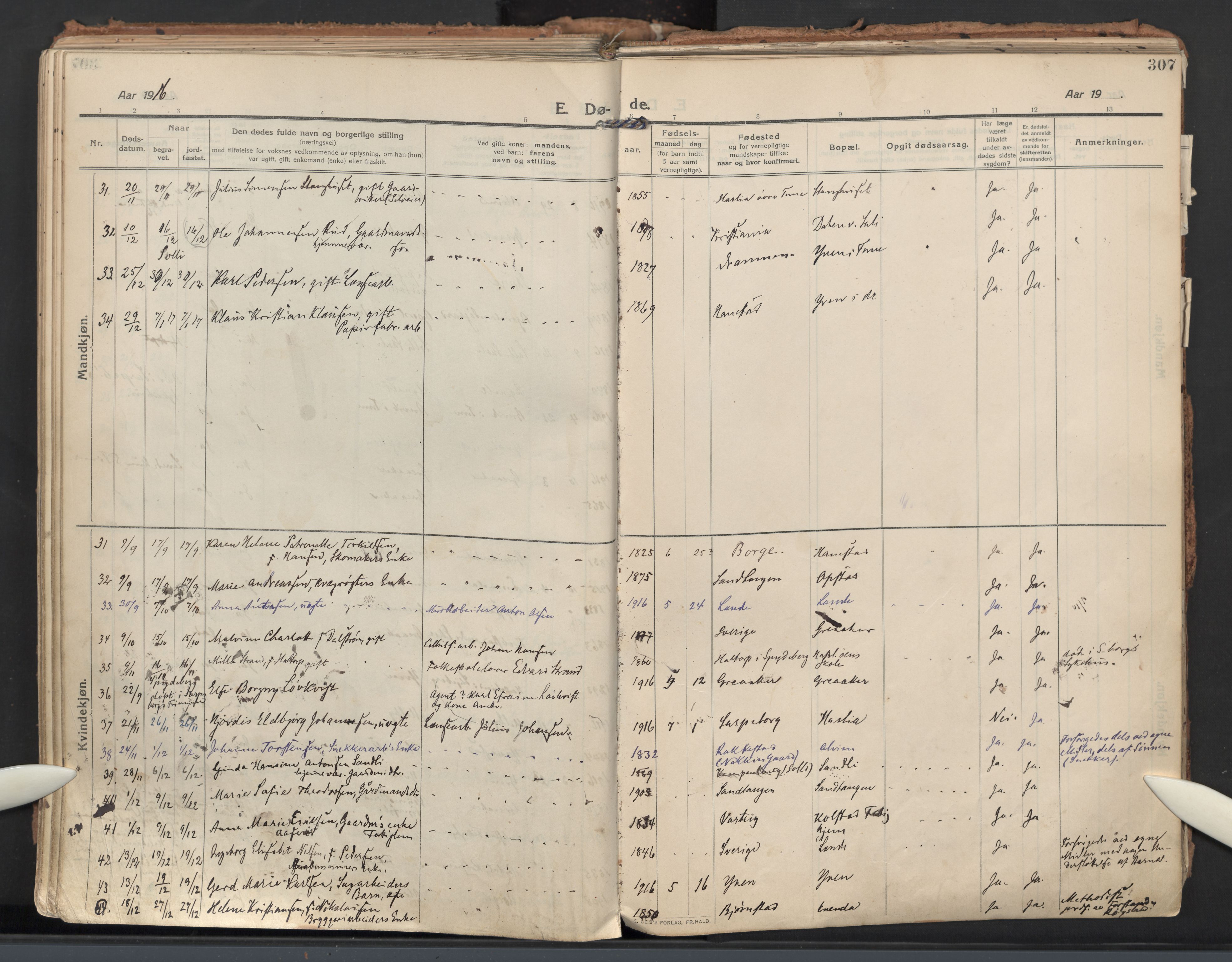 Tune prestekontor Kirkebøker, AV/SAO-A-2007/F/Fa/L0021: Parish register (official) no. 21, 1910-1916, p. 307
