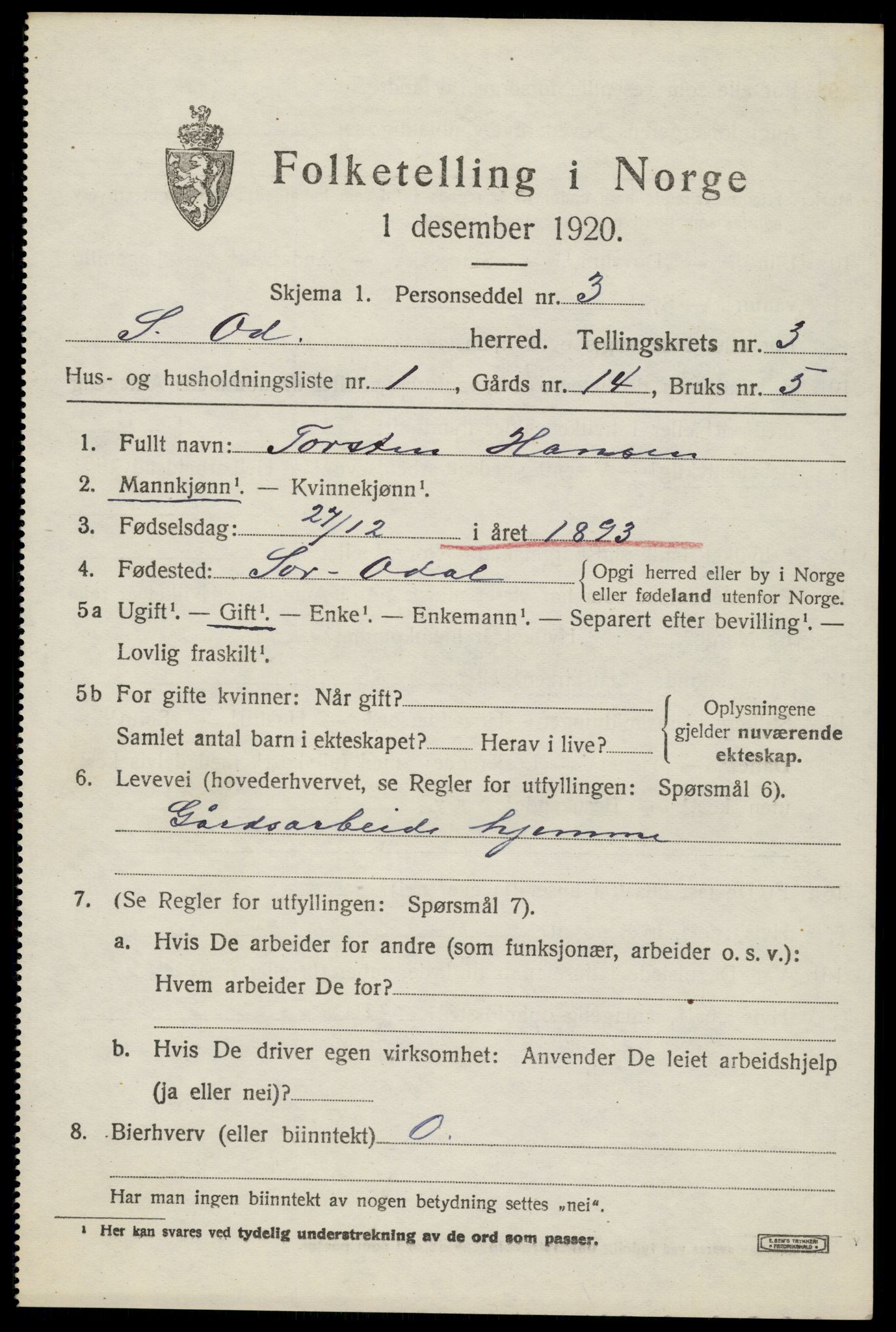 SAH, 1920 census for Sør-Odal, 1920, p. 4247