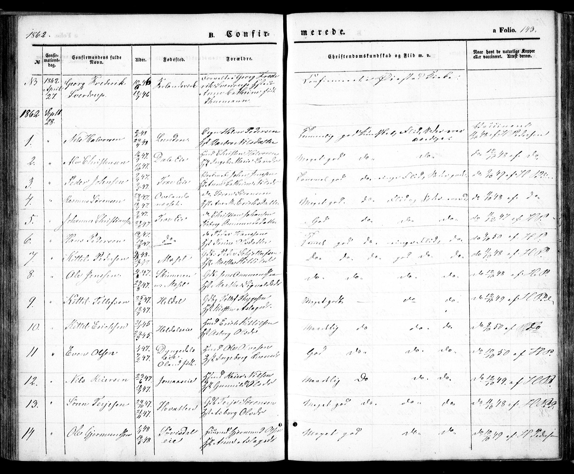 Froland sokneprestkontor, SAK/1111-0013/F/Fa/L0002: Parish register (official) no. A 2, 1845-1863, p. 143
