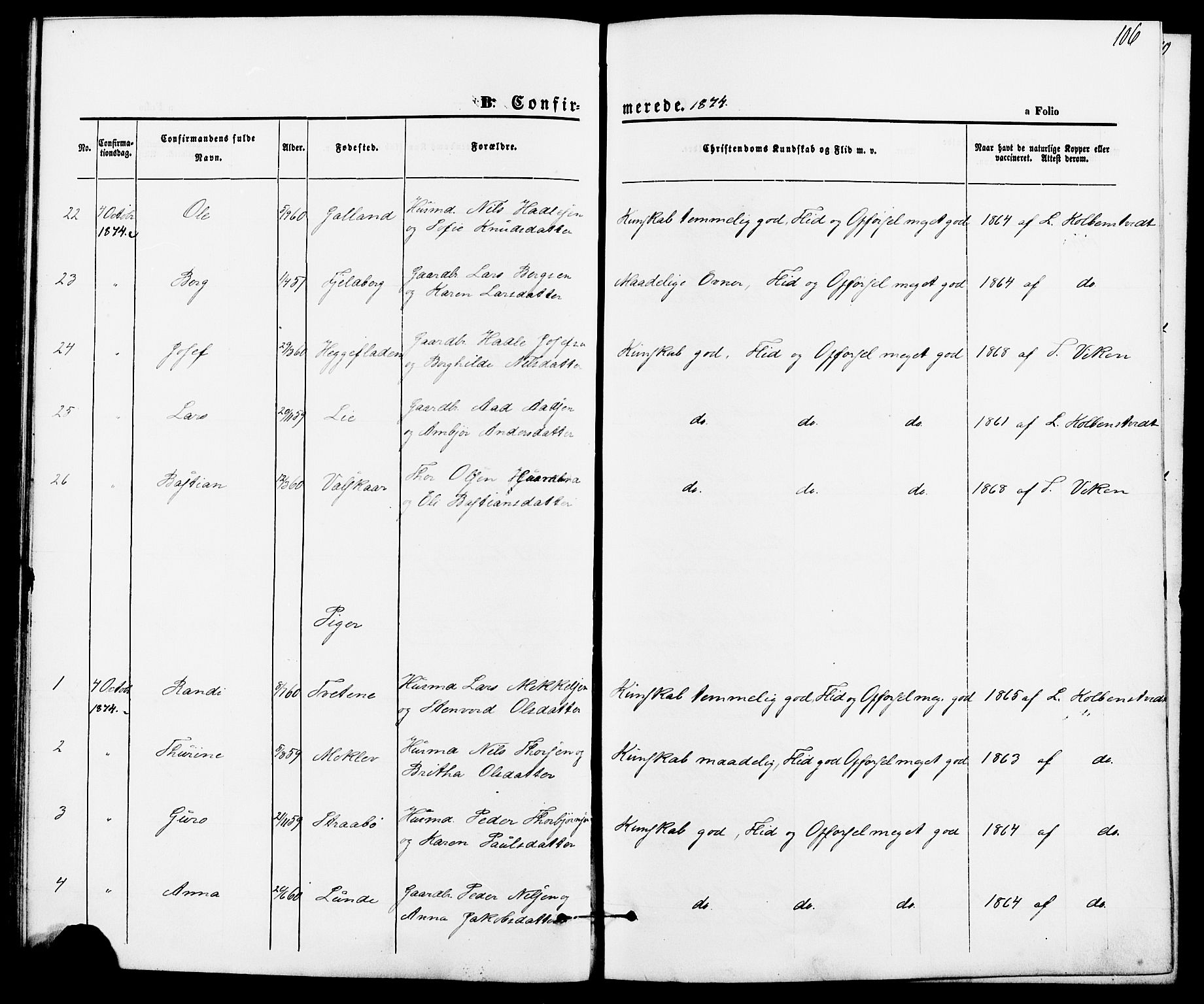 Suldal sokneprestkontor, AV/SAST-A-101845/01/IV/L0010: Parish register (official) no. A 10, 1869-1878, p. 106