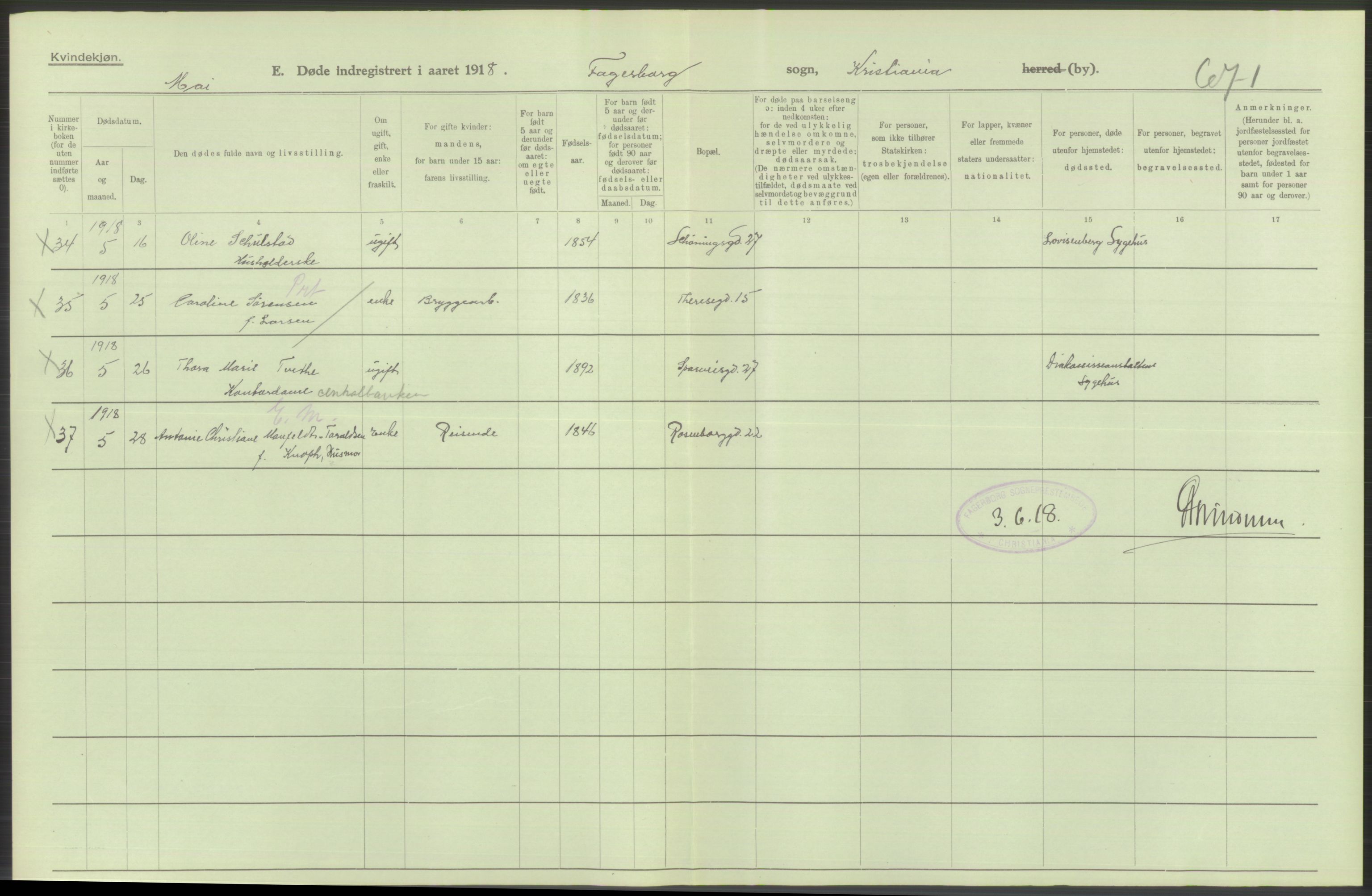 Statistisk sentralbyrå, Sosiodemografiske emner, Befolkning, RA/S-2228/D/Df/Dfb/Dfbh/L0010: Kristiania: Døde, 1918, p. 282