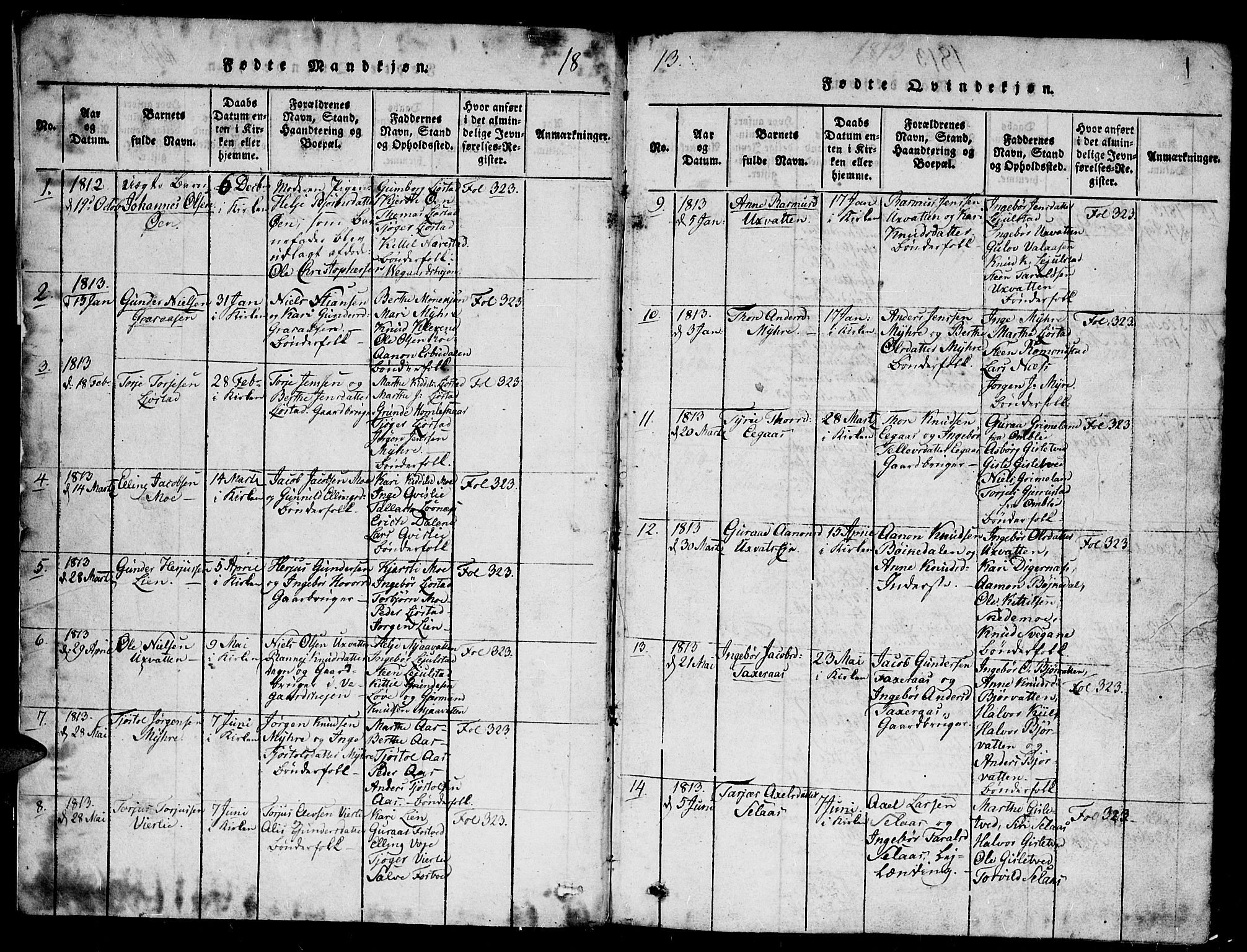 Gjerstad sokneprestkontor, SAK/1111-0014/F/Fb/Fbb/L0001: Parish register (copy) no. B 1, 1813-1863, p. 1