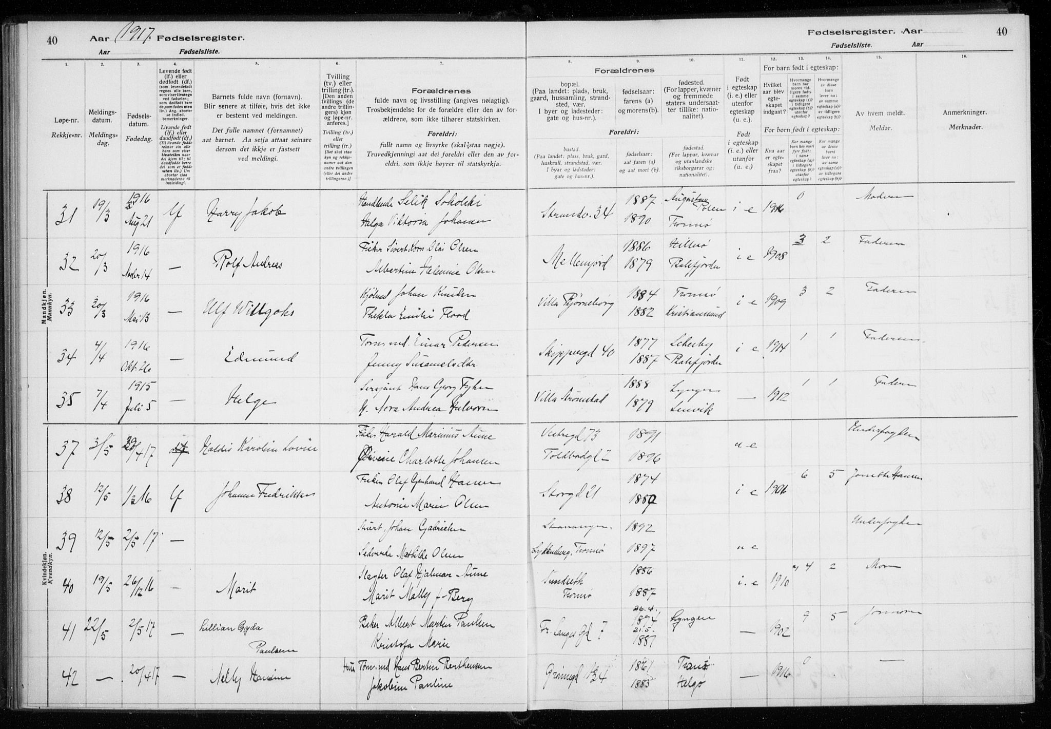 Tromsø sokneprestkontor/stiftsprosti/domprosti, AV/SATØ-S-1343/H/Ha/L0131: Birth register no. 131, 1916-1921, p. 40