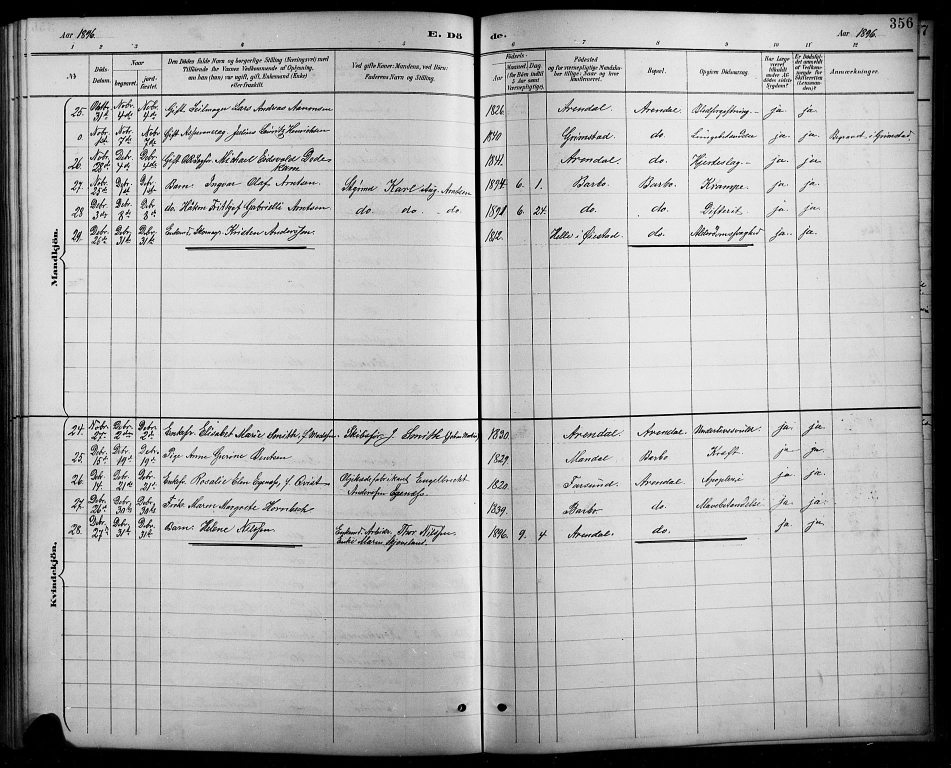 Arendal sokneprestkontor, Trefoldighet, SAK/1111-0040/F/Fb/L0006: Parish register (copy) no. B 6, 1889-1916, p. 356