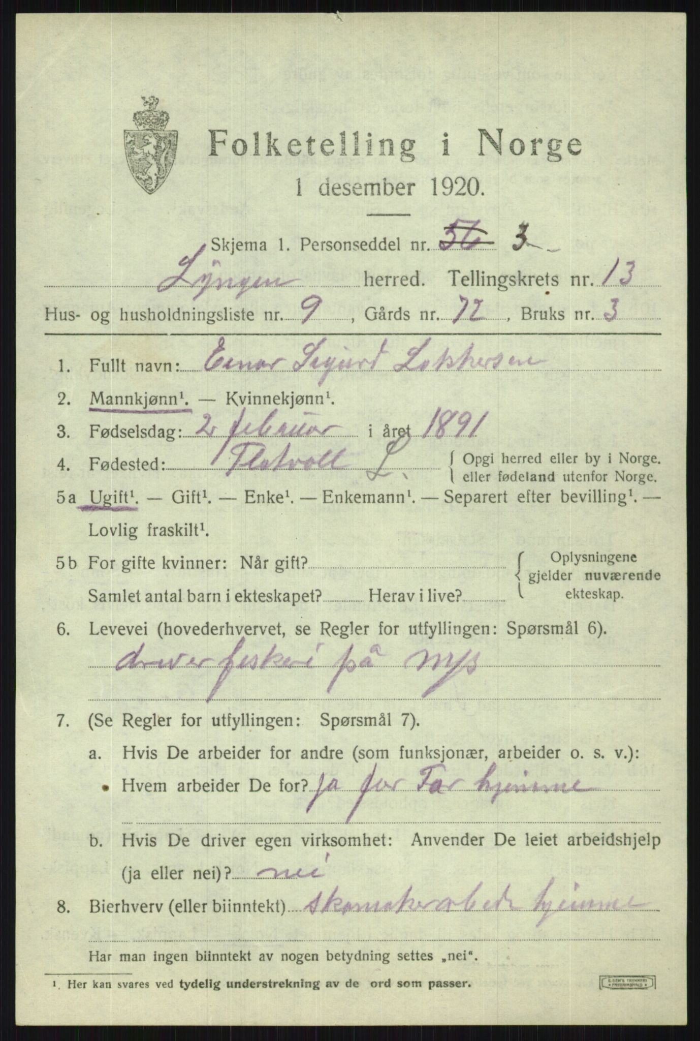 SATØ, 1920 census for Lyngen, 1920, p. 10169
