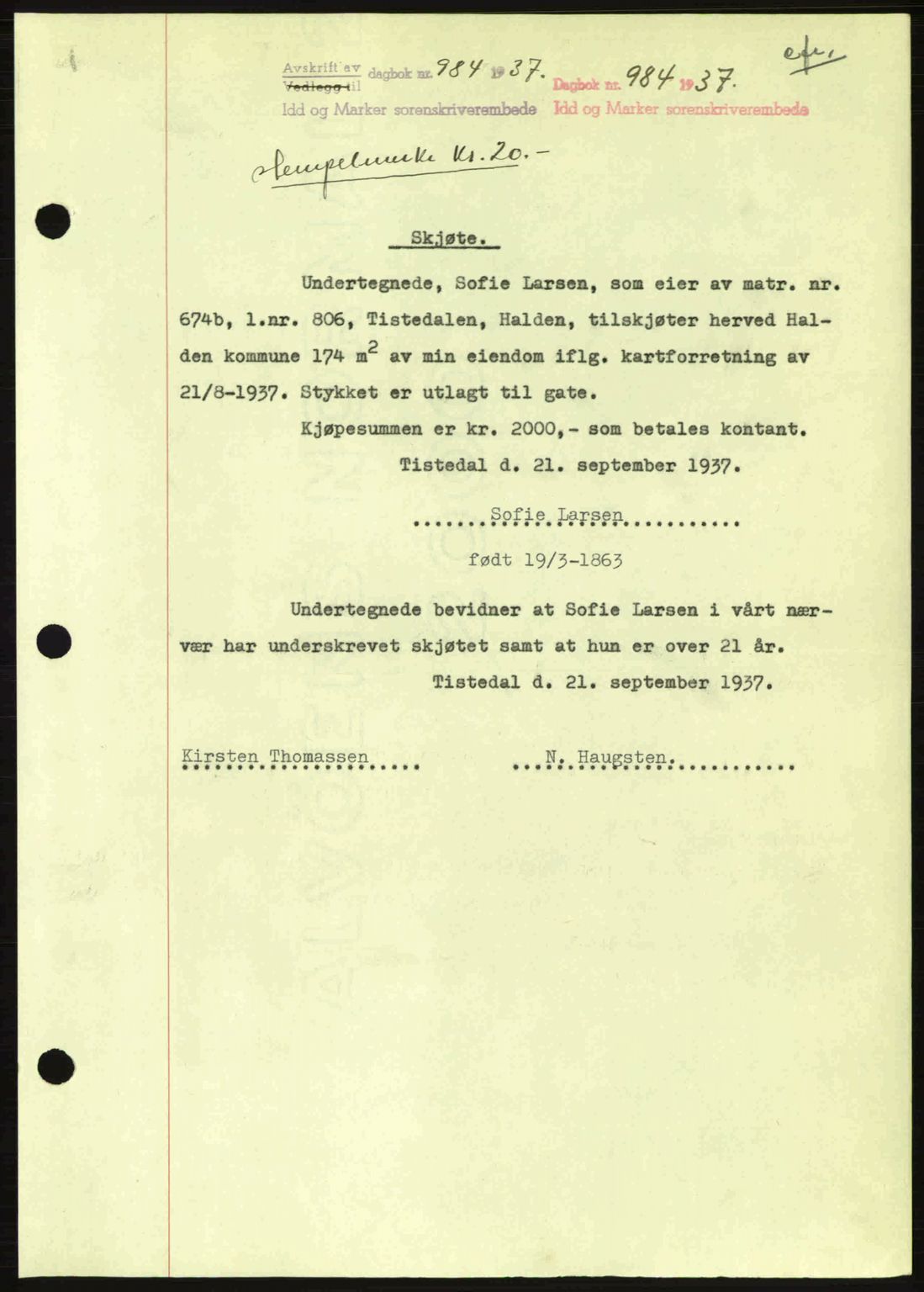 Idd og Marker sorenskriveri, AV/SAO-A-10283/G/Gb/Gbb/L0002: Mortgage book no. A2, 1937-1938, Diary no: : 984/1937