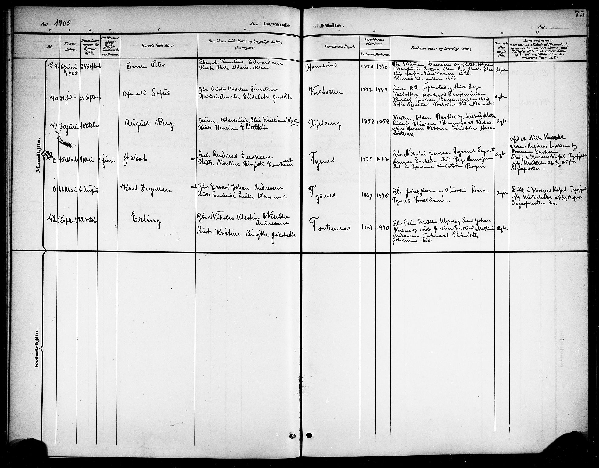 Ministerialprotokoller, klokkerbøker og fødselsregistre - Nordland, AV/SAT-A-1459/859/L0860: Parish register (copy) no. 859C06, 1899-1909, p. 75