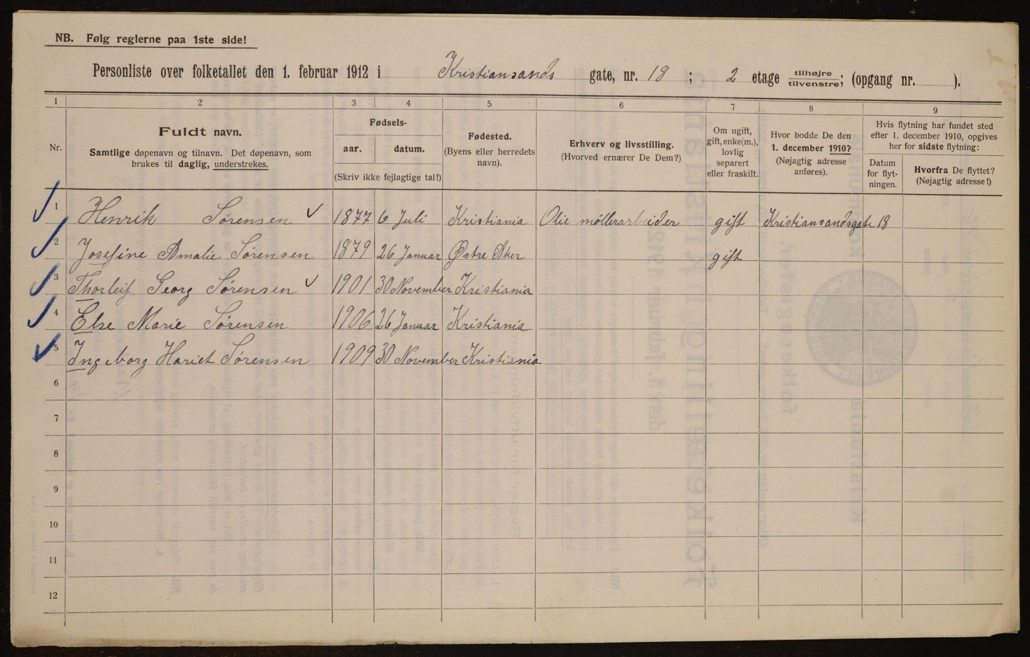 OBA, Municipal Census 1912 for Kristiania, 1912, p. 54727