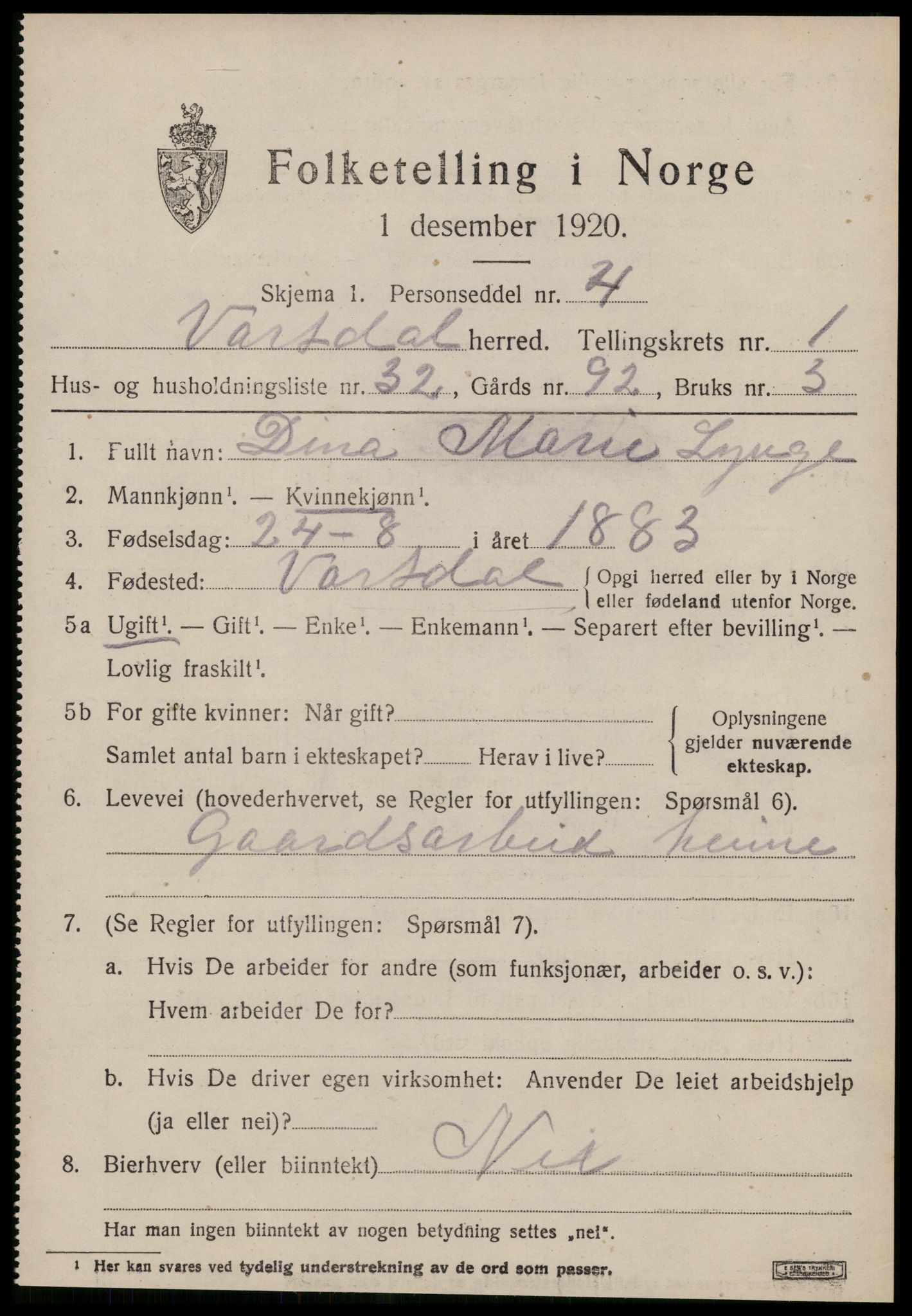 SAT, 1920 census for Vartdal, 1920, p. 737