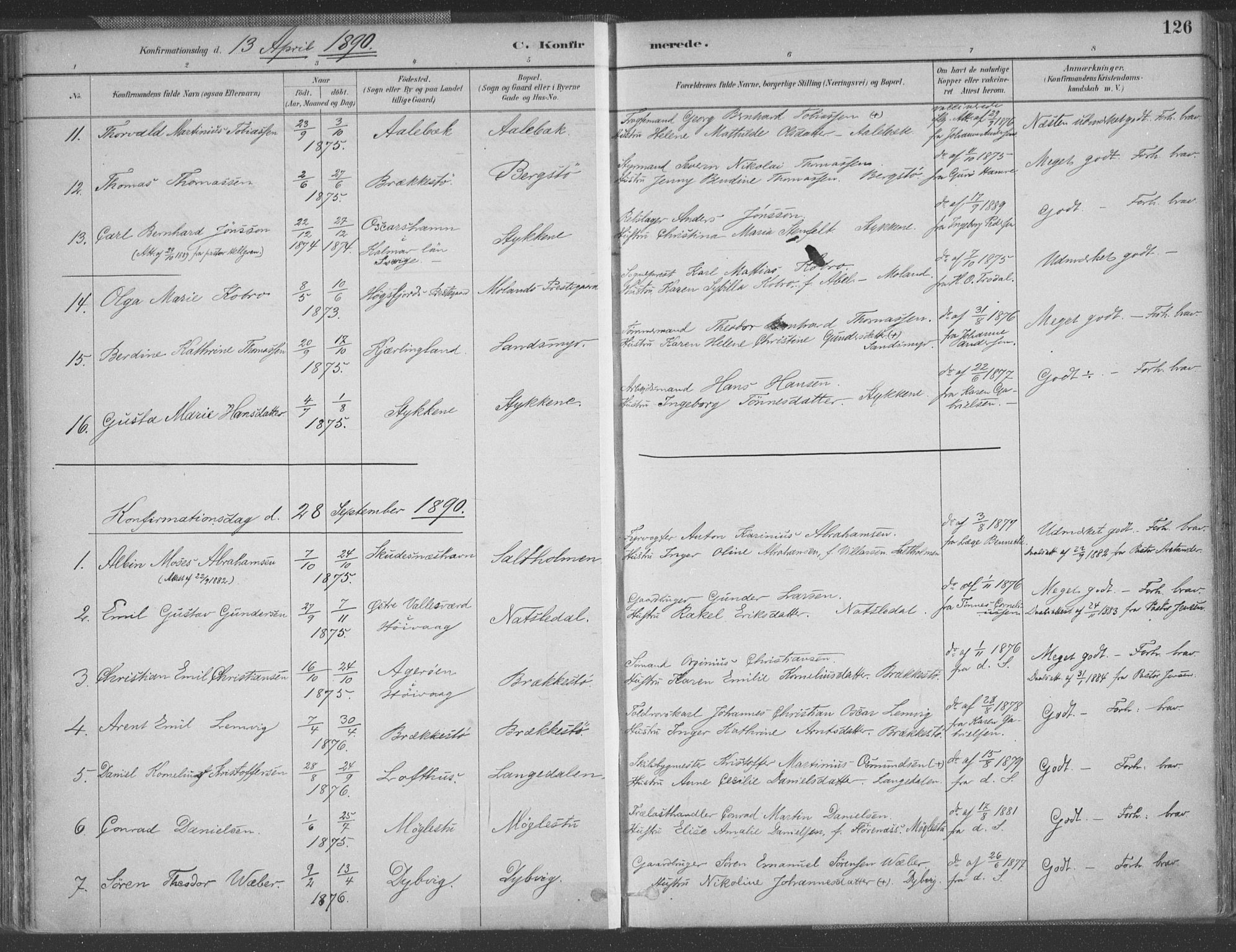 Vestre Moland sokneprestkontor, AV/SAK-1111-0046/F/Fa/Fab/L0009: Parish register (official) no. A 9, 1884-1899, p. 126