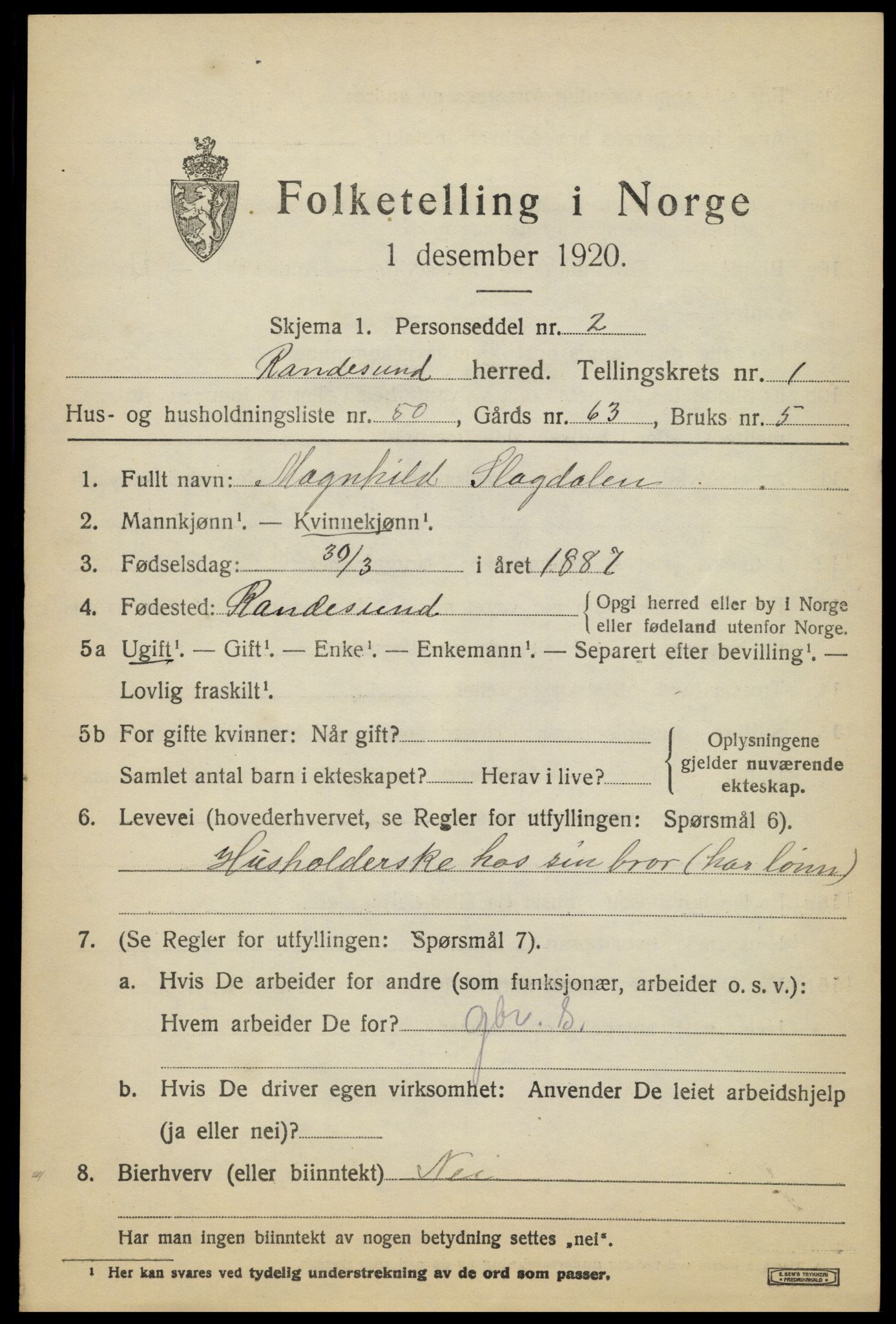 SAK, 1920 census for Randesund, 1920, p. 1078