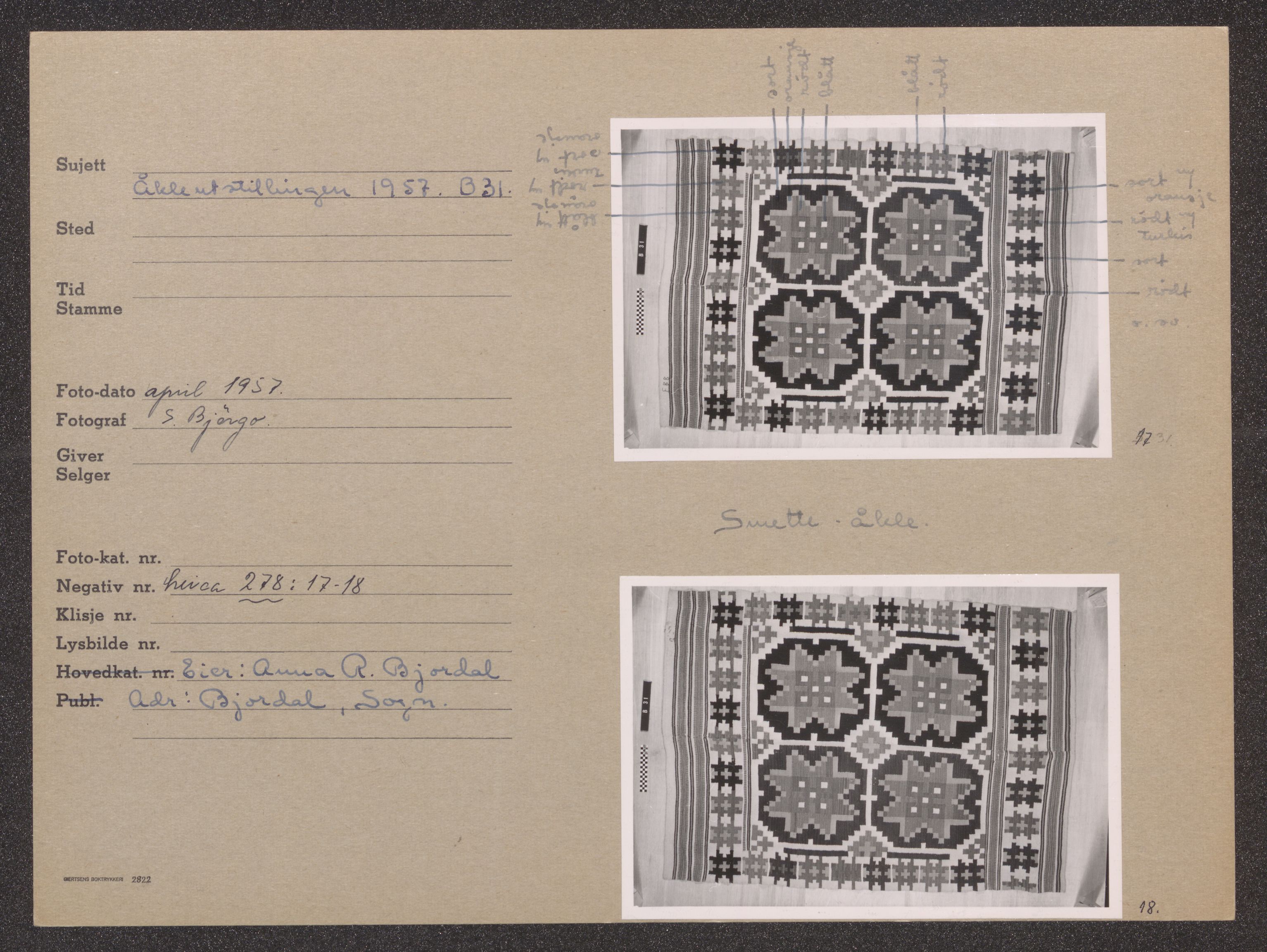 Åkleprosjektet 1957, UMB/A008/F/Fa/L0001/0001: Registreringskort Smettåkle A-H / Smettåkler A -E, 1957