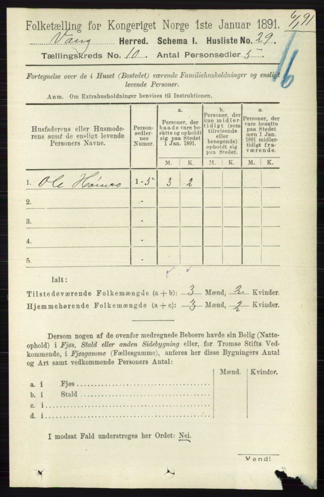 RA, 1891 census for 0545 Vang, 1891, p. 2174