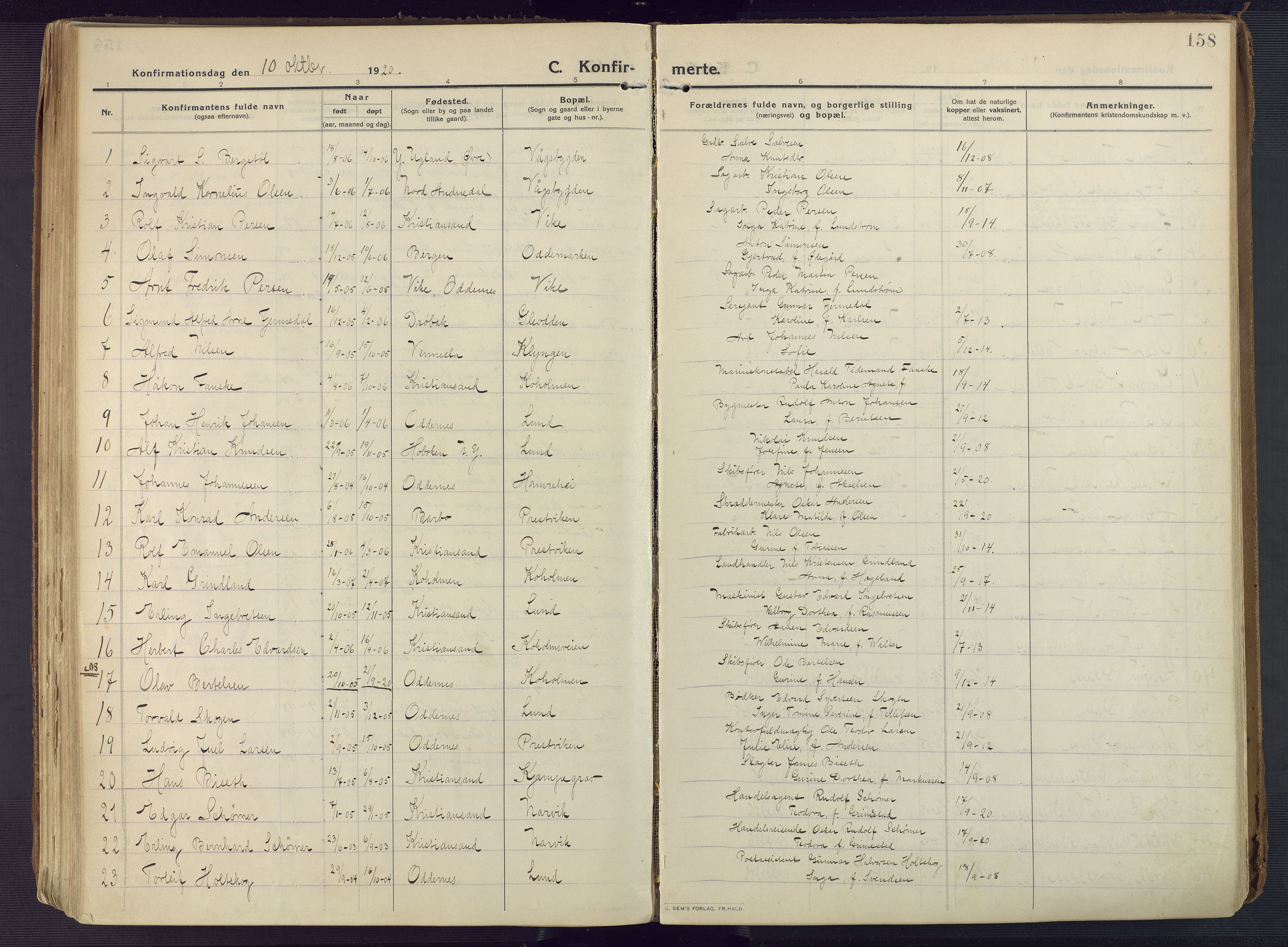 Oddernes sokneprestkontor, AV/SAK-1111-0033/F/Fa/Faa/L0012: Parish register (official) no. A 12, 1912-1925, p. 158