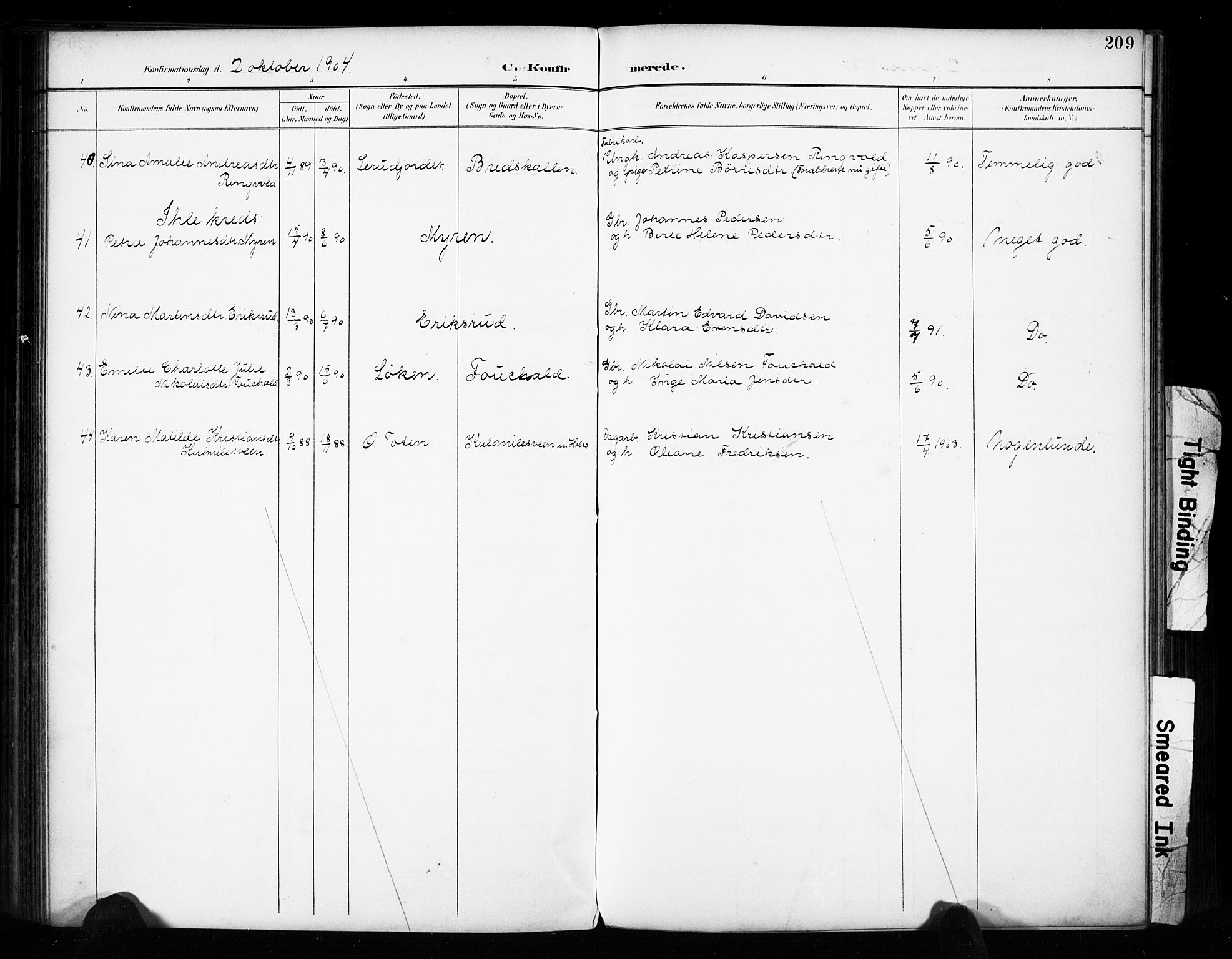 Vestre Toten prestekontor, SAH/PREST-108/H/Ha/Haa/L0011: Parish register (official) no. 11, 1895-1906, p. 209