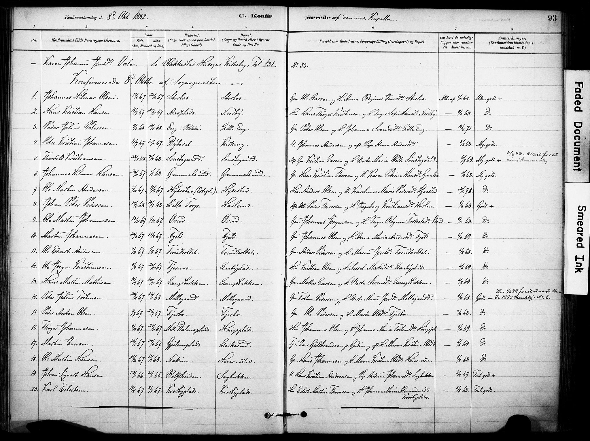 Rakkestad prestekontor Kirkebøker, AV/SAO-A-2008/F/Fb/L0001: Parish register (official) no. II 1, 1878-1899, p. 93