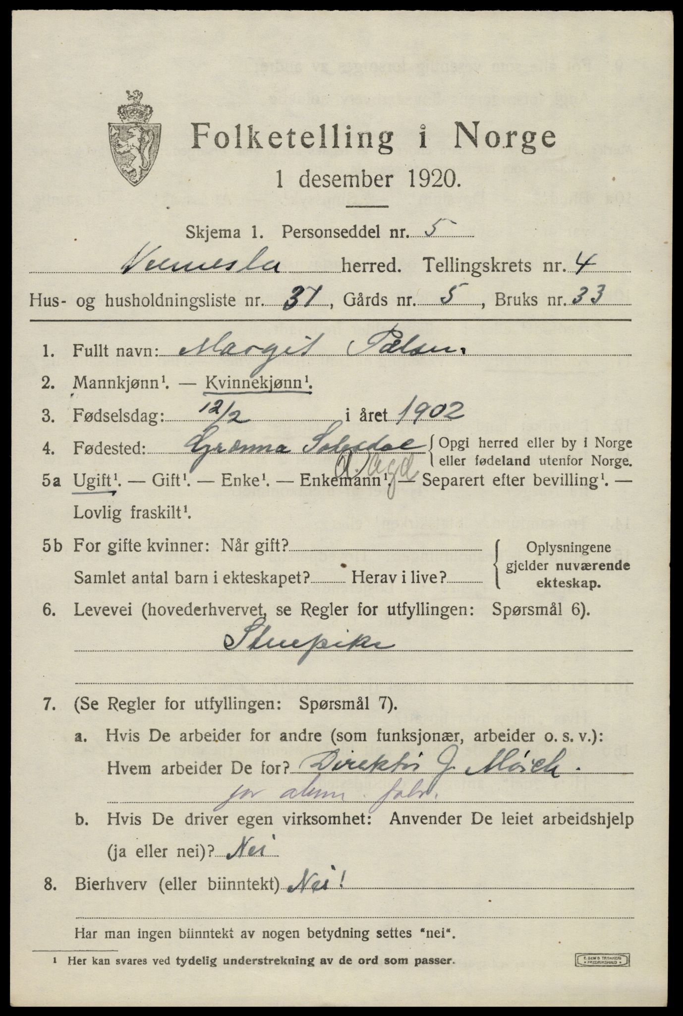 SAK, 1920 census for Vennesla, 1920, p. 3232