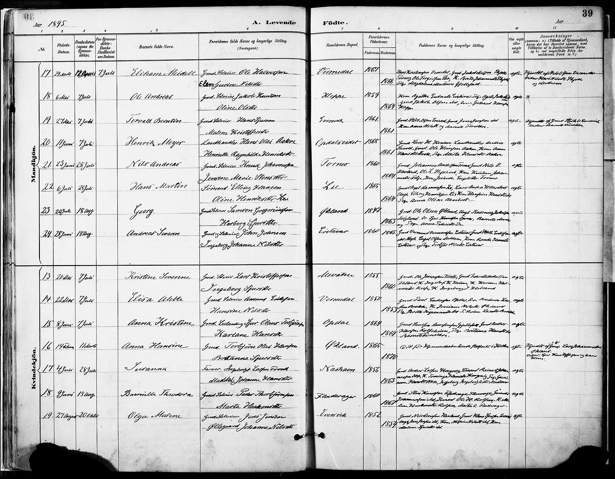 Tysnes sokneprestembete, AV/SAB-A-78601/H/Haa: Parish register (official) no. D 1, 1887-1904, p. 39