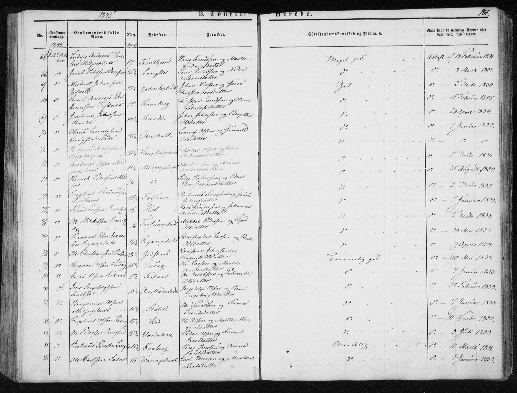 Ministerialprotokoller, klokkerbøker og fødselsregistre - Nord-Trøndelag, SAT/A-1458/735/L0339: Parish register (official) no. 735A06 /1, 1836-1848, p. 185