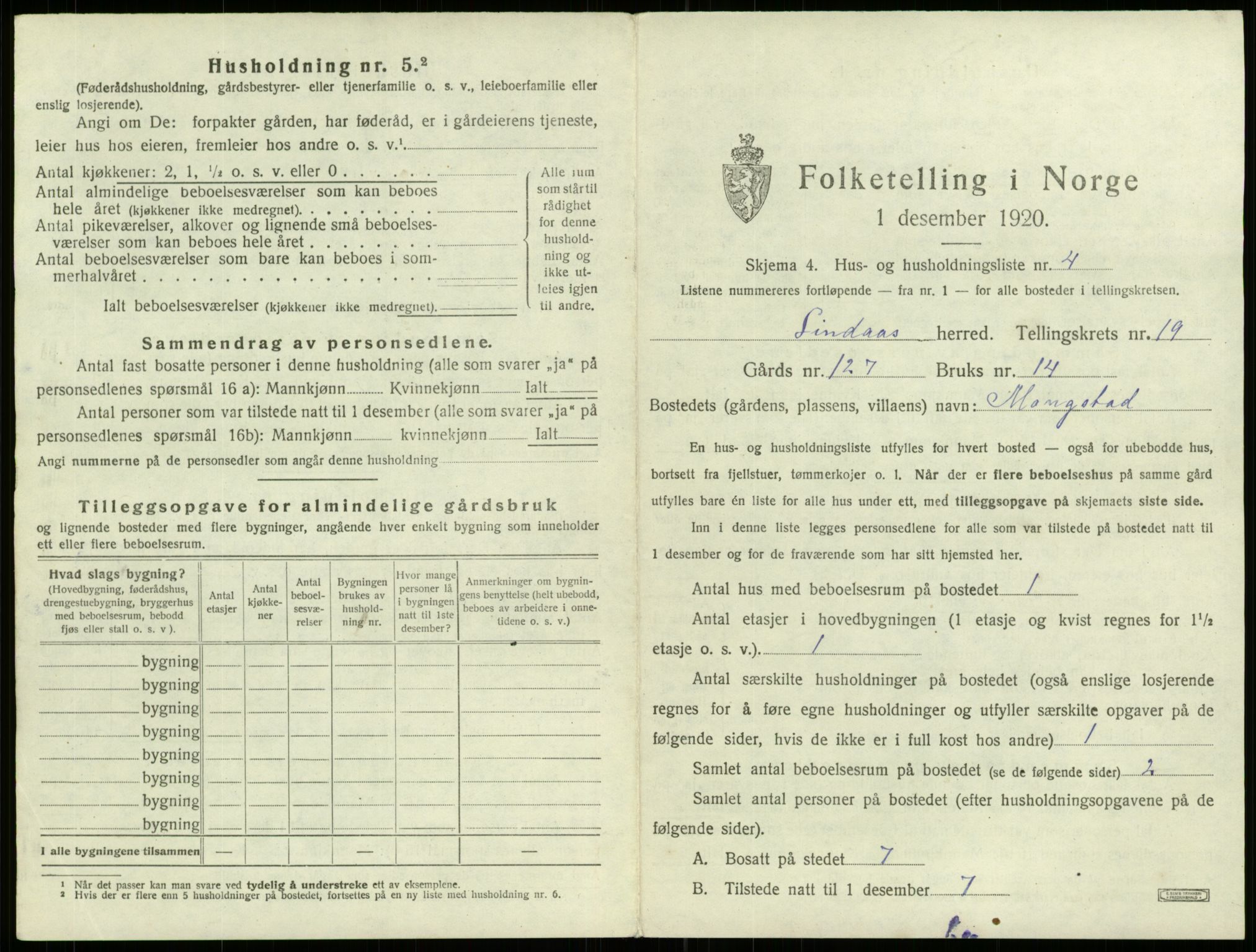 SAB, 1920 census for Lindås, 1920, p. 1351