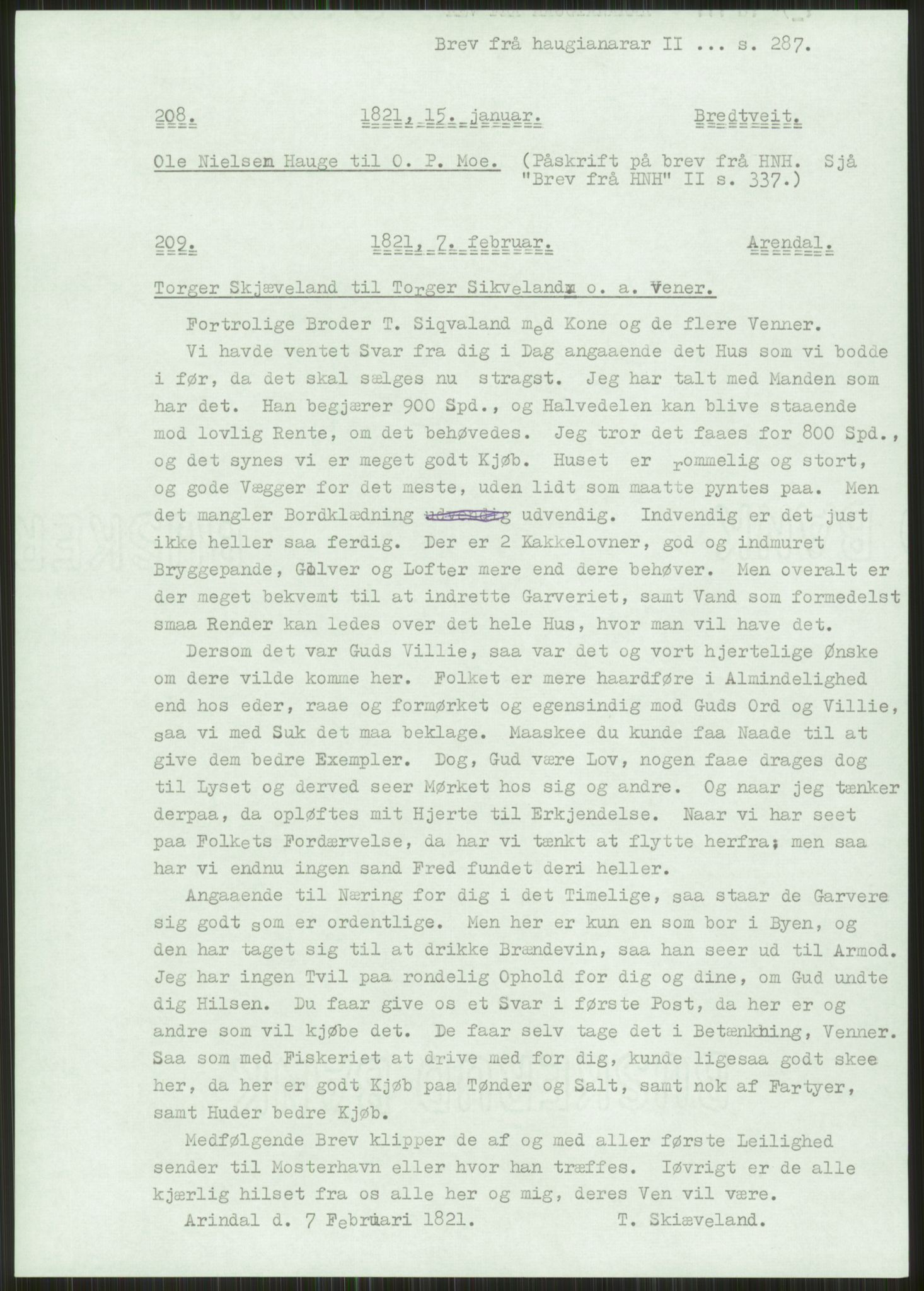 Samlinger til kildeutgivelse, Haugianerbrev, AV/RA-EA-6834/F/L0002: Haugianerbrev II: 1805-1821, 1805-1821, p. 287