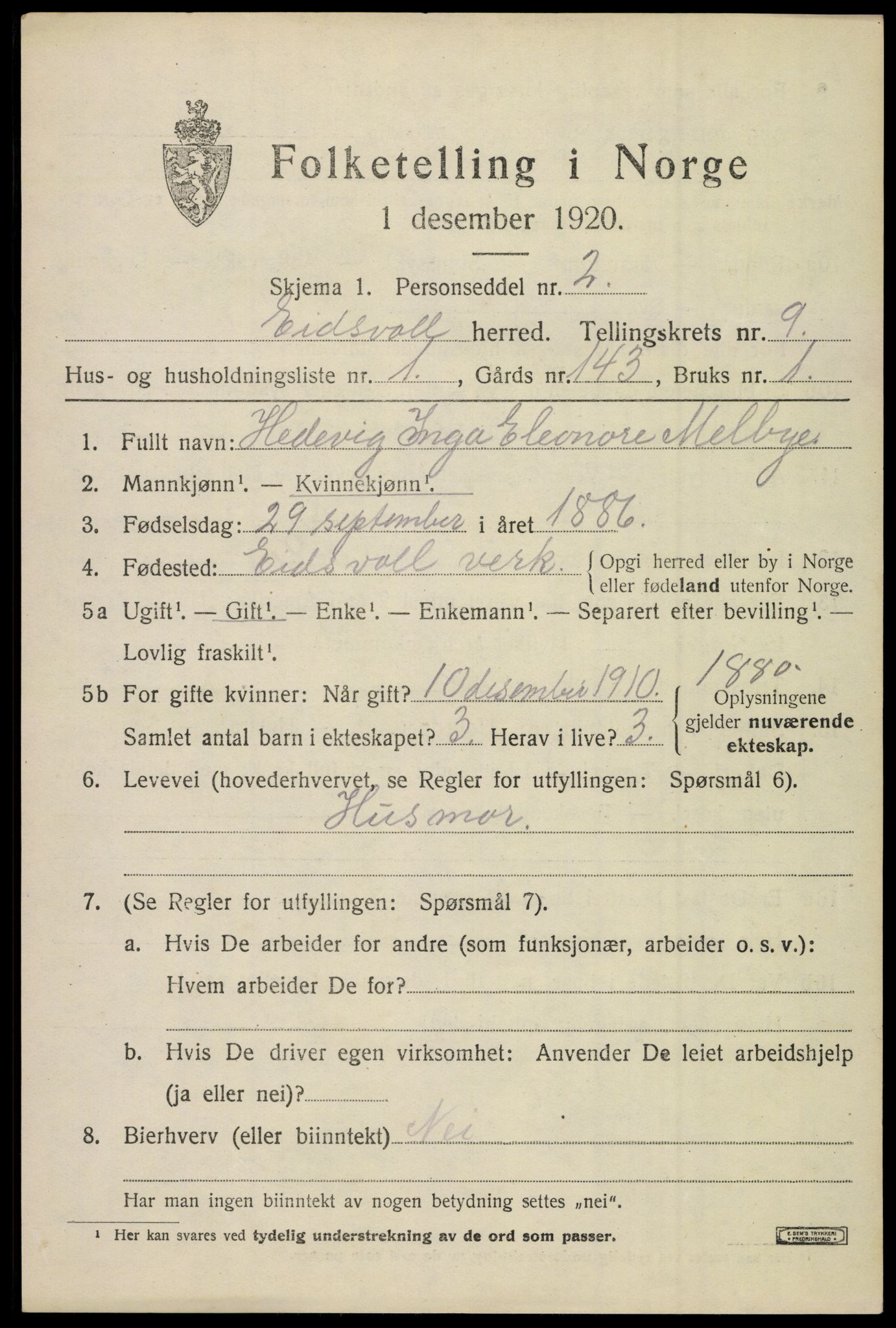 SAO, 1920 census for Eidsvoll, 1920, p. 14243