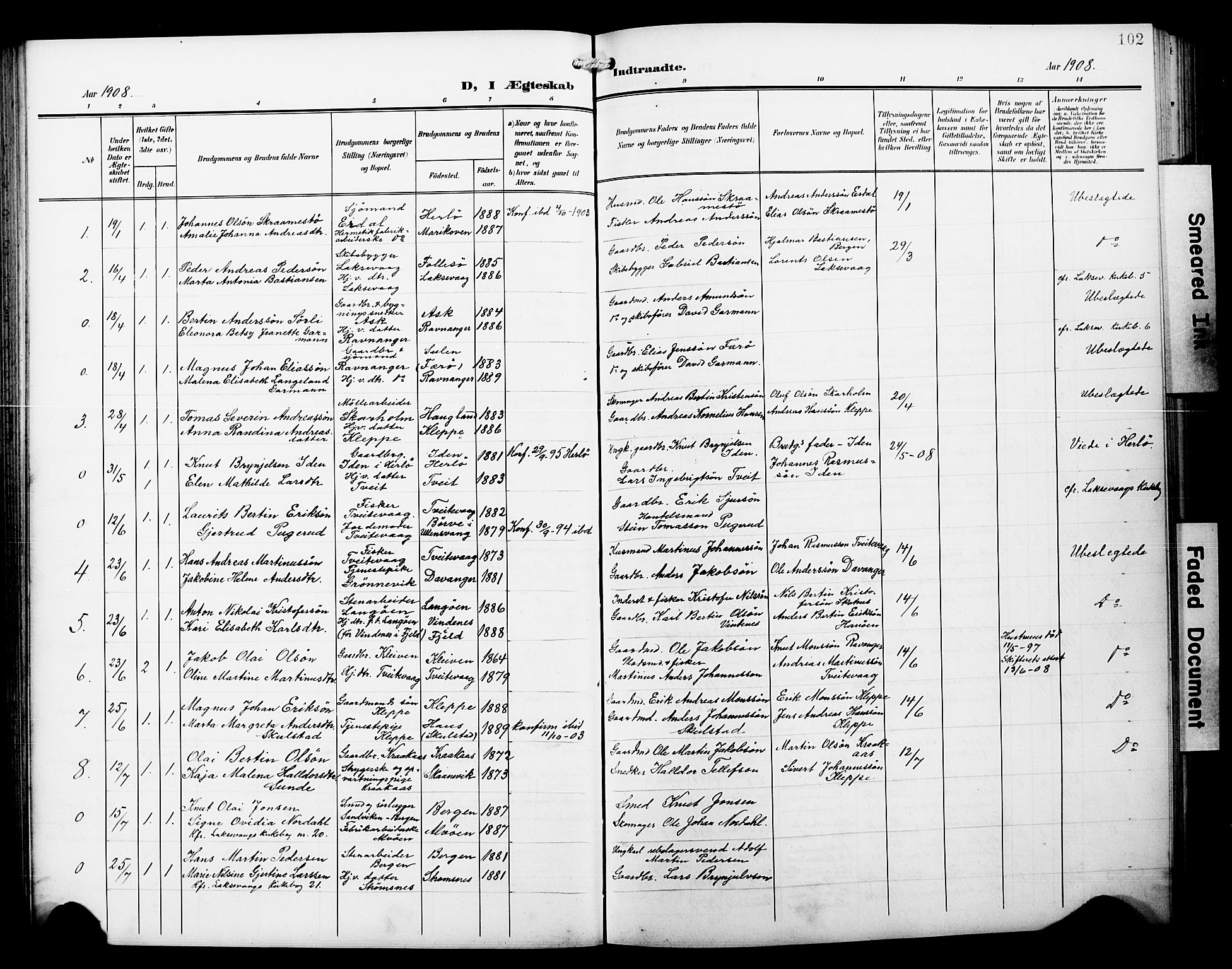 Askøy Sokneprestembete, AV/SAB-A-74101/H/Ha/Hab/Haba/L0014: Parish register (copy) no. A 14, 1904-1927, p. 102