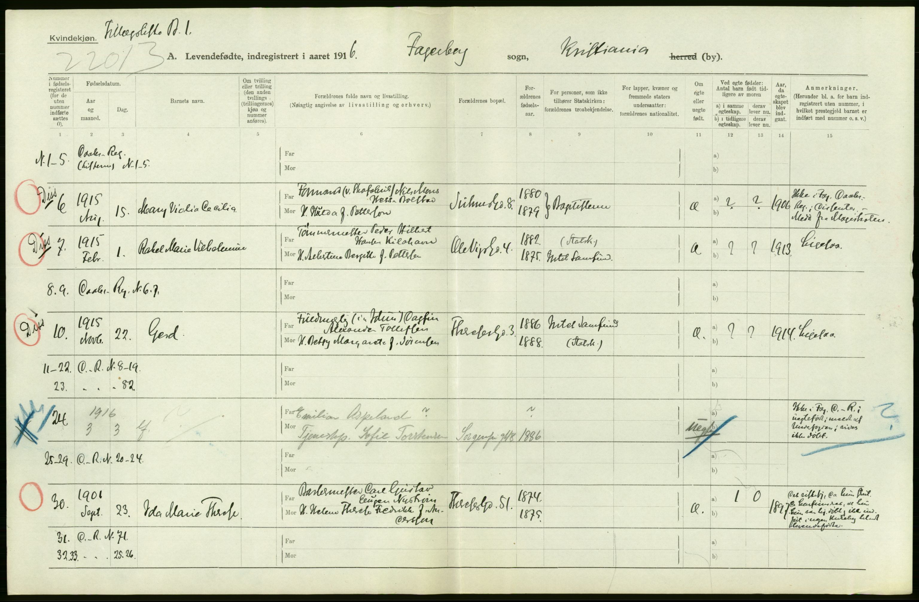 Statistisk sentralbyrå, Sosiodemografiske emner, Befolkning, AV/RA-S-2228/D/Df/Dfb/Dfbf/L0006: Kristiania: Levendefødte menn og kvinner., 1916, p. 124