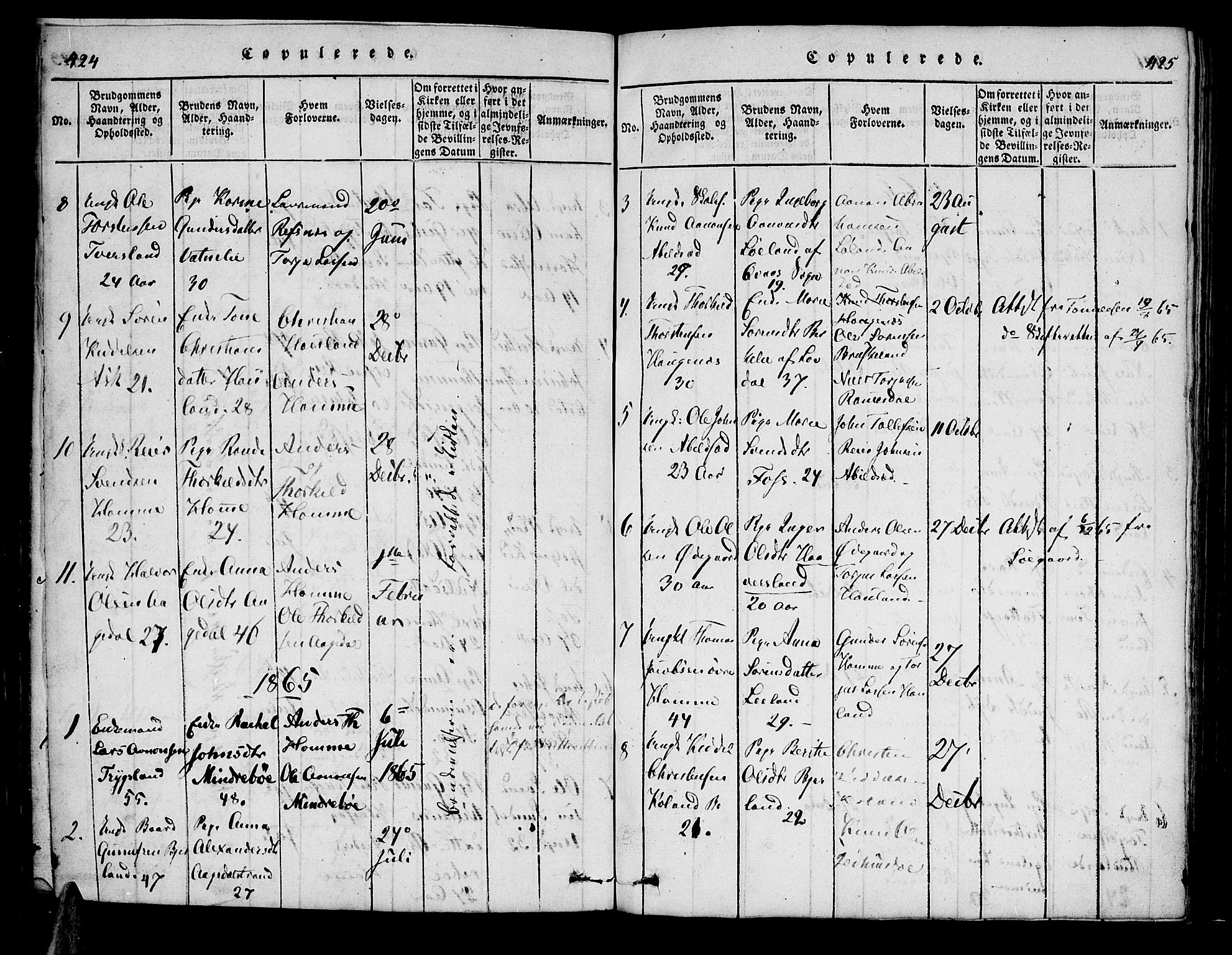 Bjelland sokneprestkontor, SAK/1111-0005/F/Fa/Faa/L0002: Parish register (official) no. A 2, 1816-1866, p. 424-425