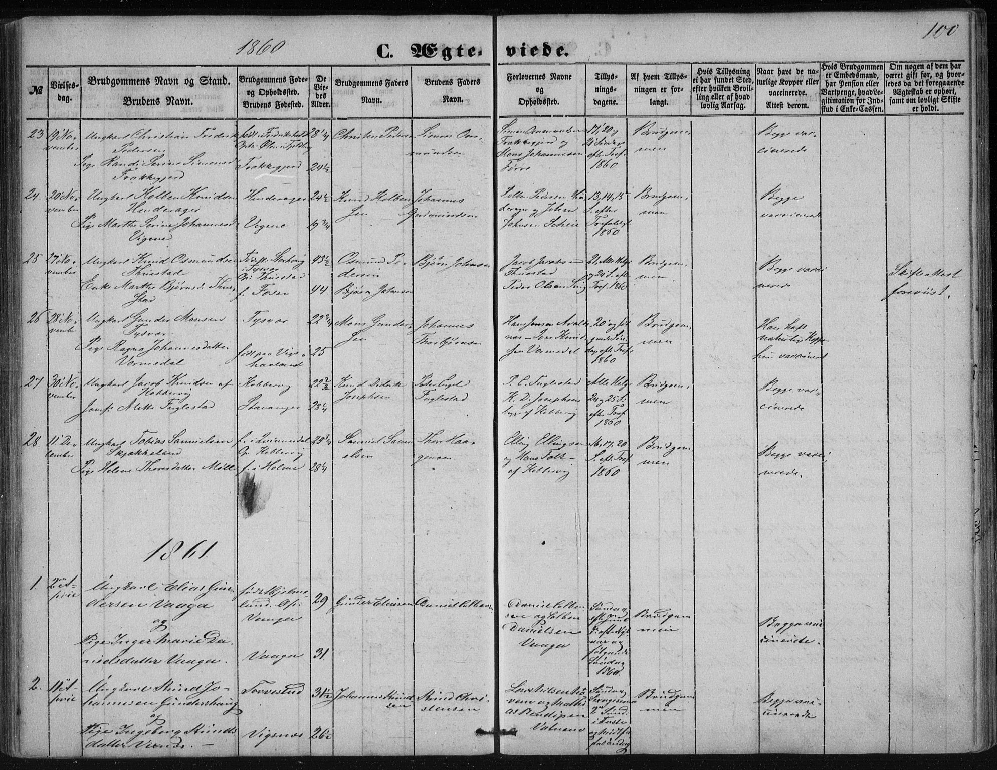 Avaldsnes sokneprestkontor, SAST/A -101851/H/Ha/Haa/L0009: Parish register (official) no. A 9, 1853-1865, p. 100