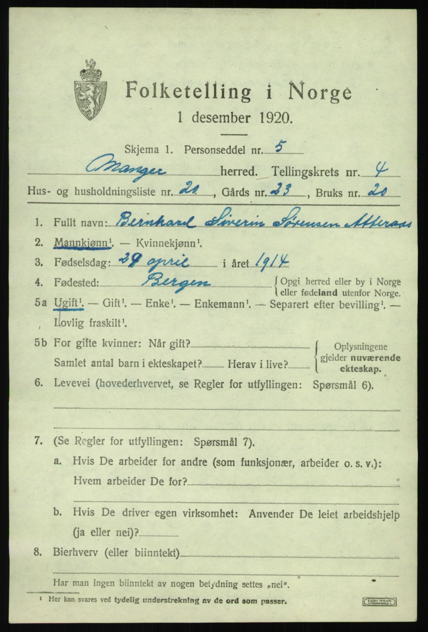 SAB, 1920 census for Manger, 1920, p. 3251