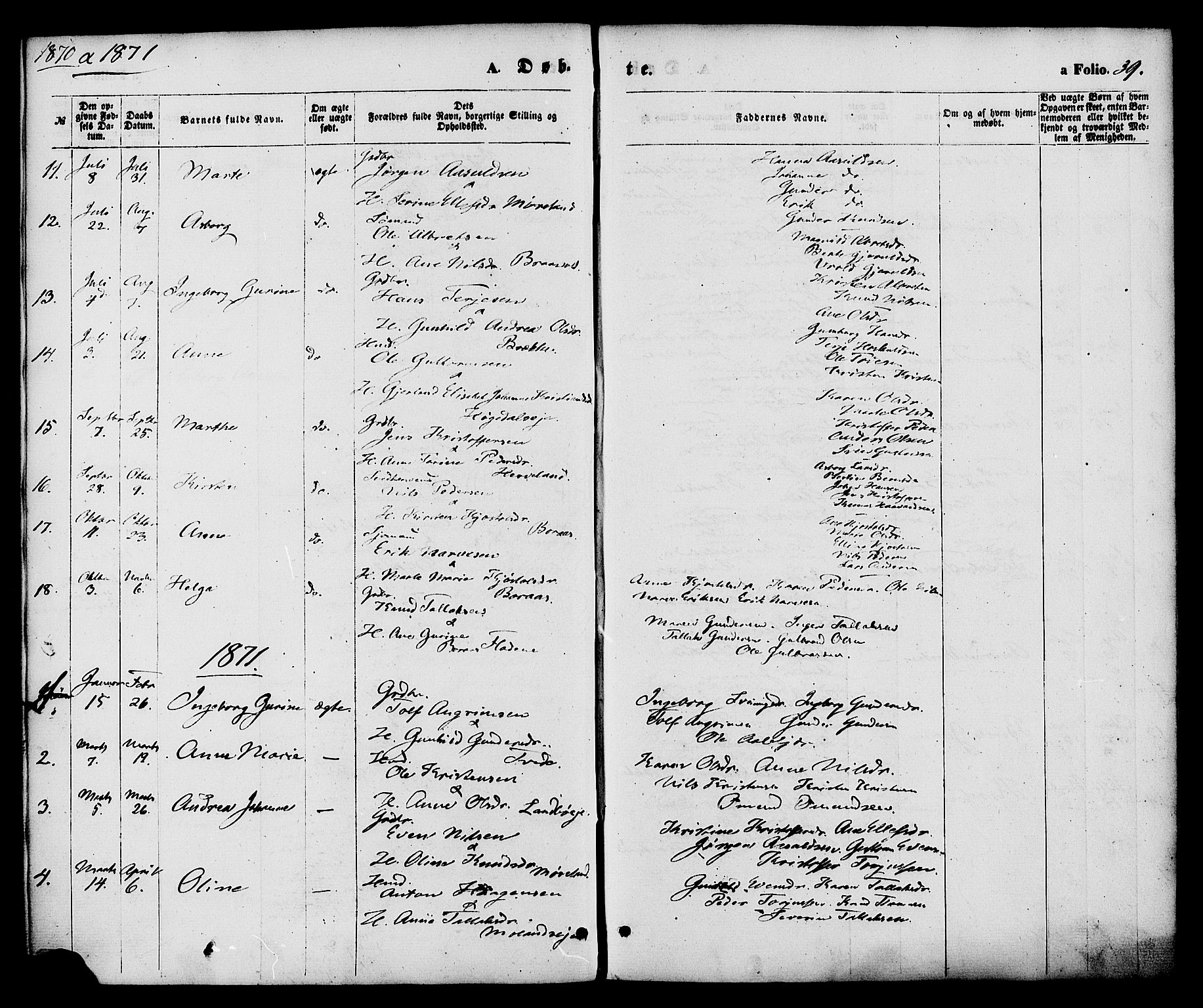 Austre Moland sokneprestkontor, AV/SAK-1111-0001/F/Fa/Faa/L0009: Parish register (official) no. A 9, 1869-1879, p. 39