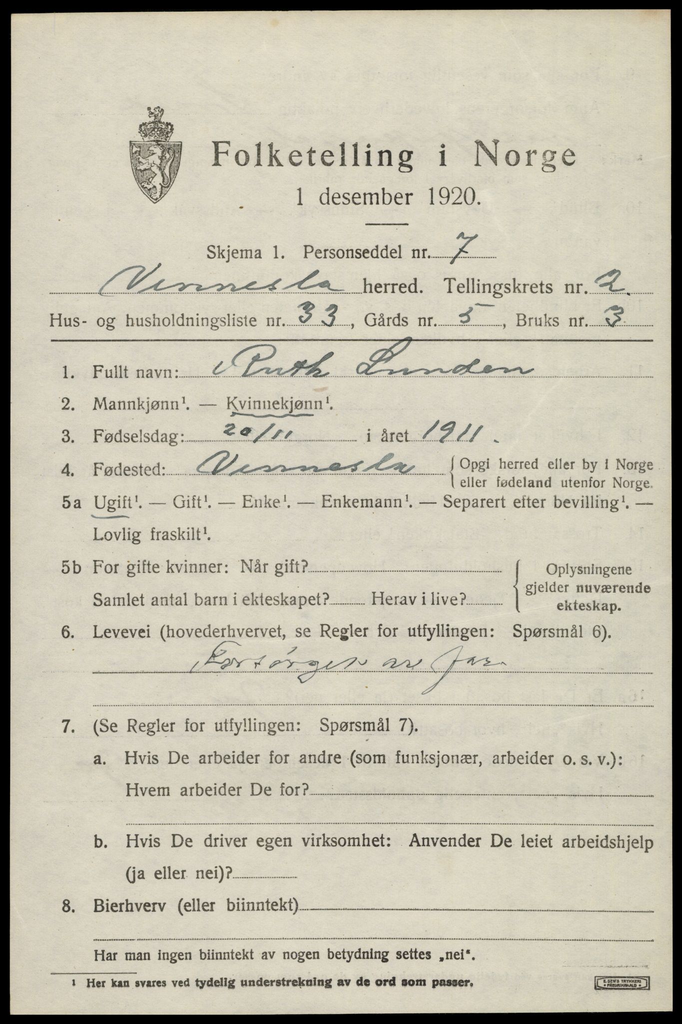 SAK, 1920 census for Vennesla, 1920, p. 1924