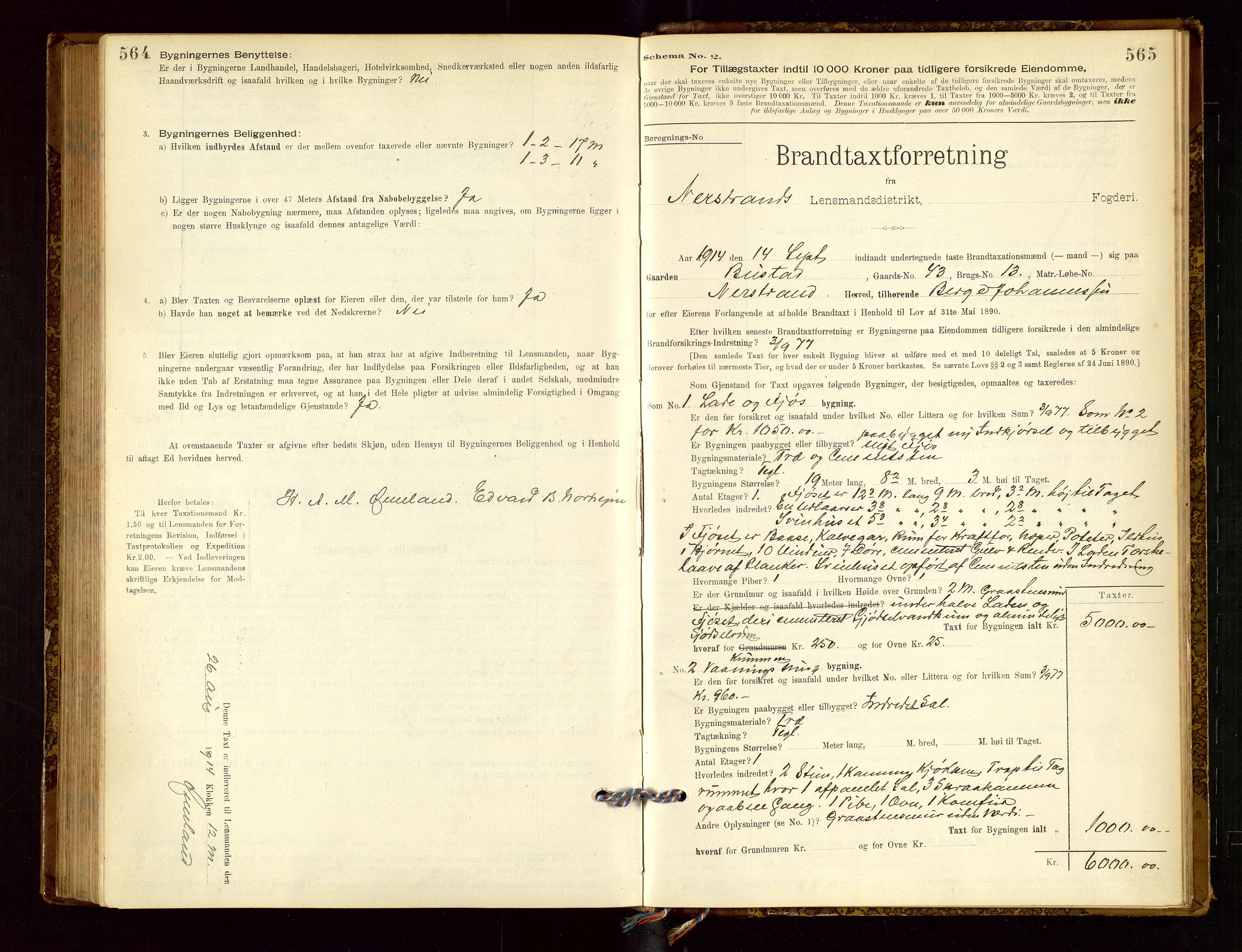Nedstrand lensmannskontor, SAST/A-100236/Gob/L0001: "Brandtaxationsprotokol for Nerstrand Lensmandsdistrikt Ryfylke fogderi", 1895-1915, p. 564-565