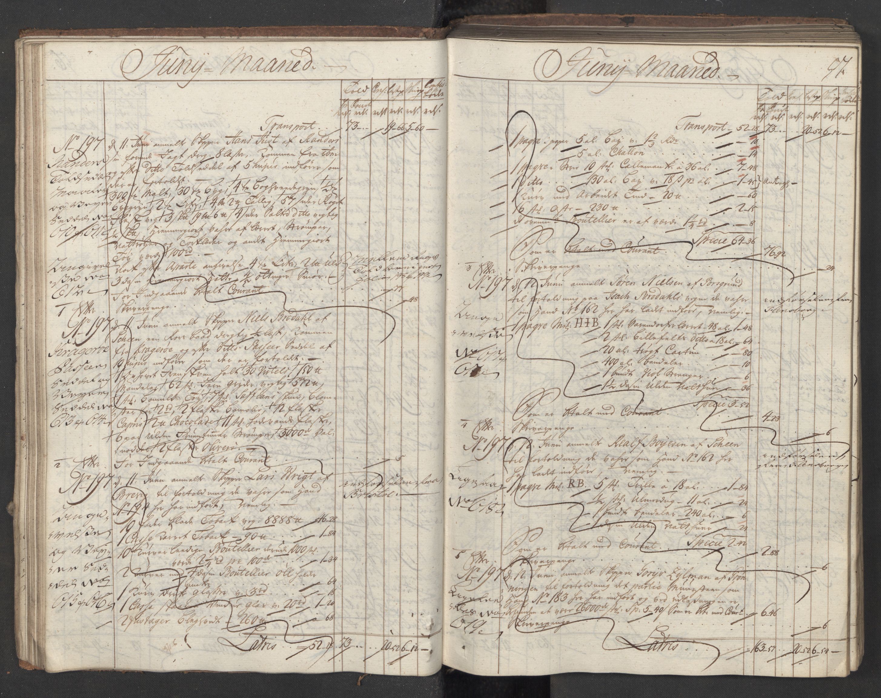 Generaltollkammeret, tollregnskaper, AV/RA-EA-5490/R12/L0028/0001: Tollregnskaper Langesund / Inngående hovedtollbok, 1756, p. 56b-57a