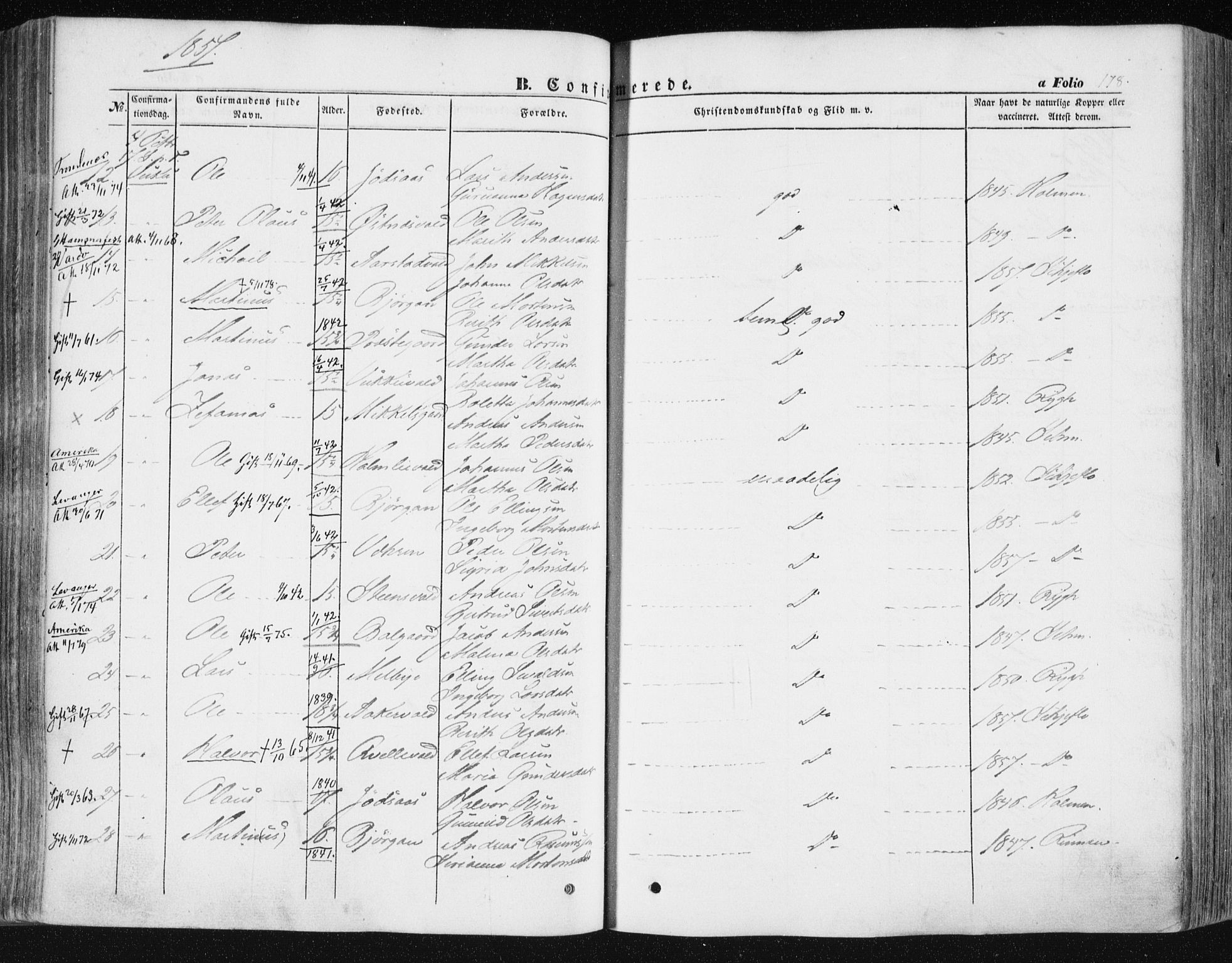 Ministerialprotokoller, klokkerbøker og fødselsregistre - Nord-Trøndelag, AV/SAT-A-1458/723/L0240: Parish register (official) no. 723A09, 1852-1860, p. 178