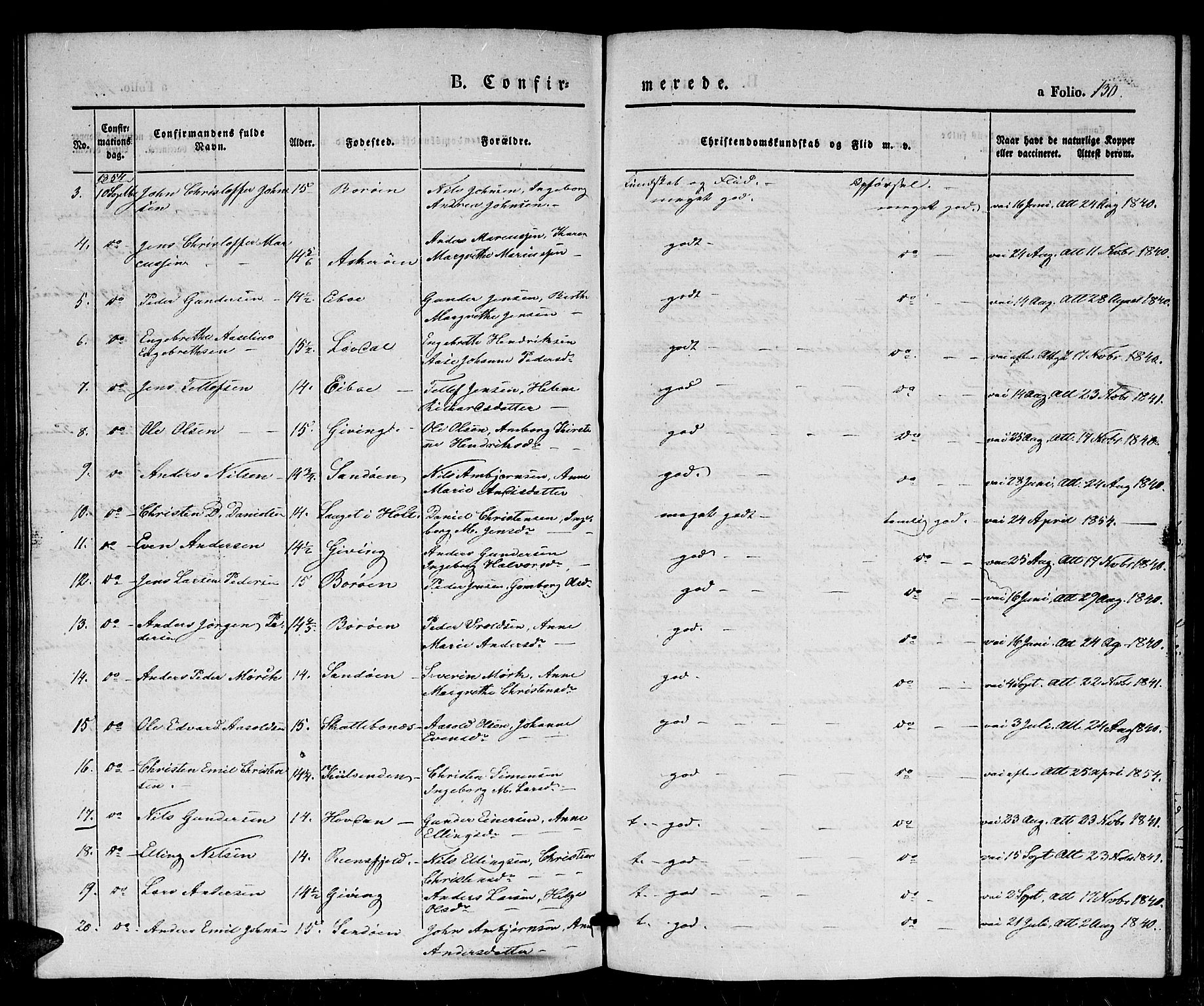 Dypvåg sokneprestkontor, AV/SAK-1111-0007/F/Fb/Fba/L0010: Parish register (copy) no. B 10, 1842-1857, p. 130