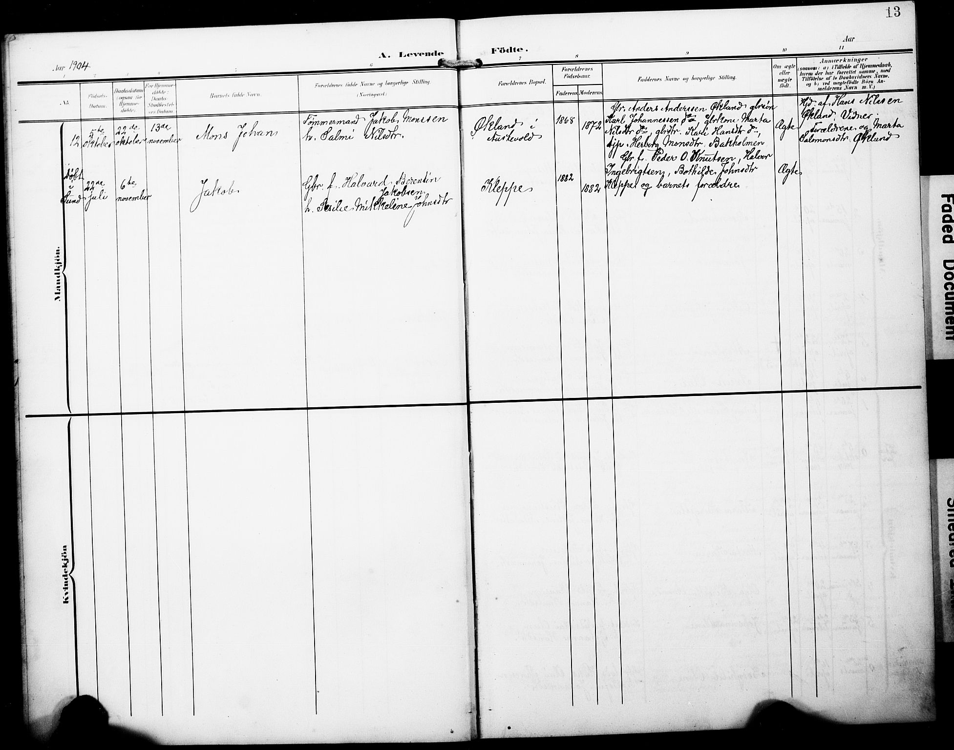 Austevoll Sokneprestembete, SAB/A-74201/H/Hab: Parish register (copy) no. B 5, 1902-1910, p. 13