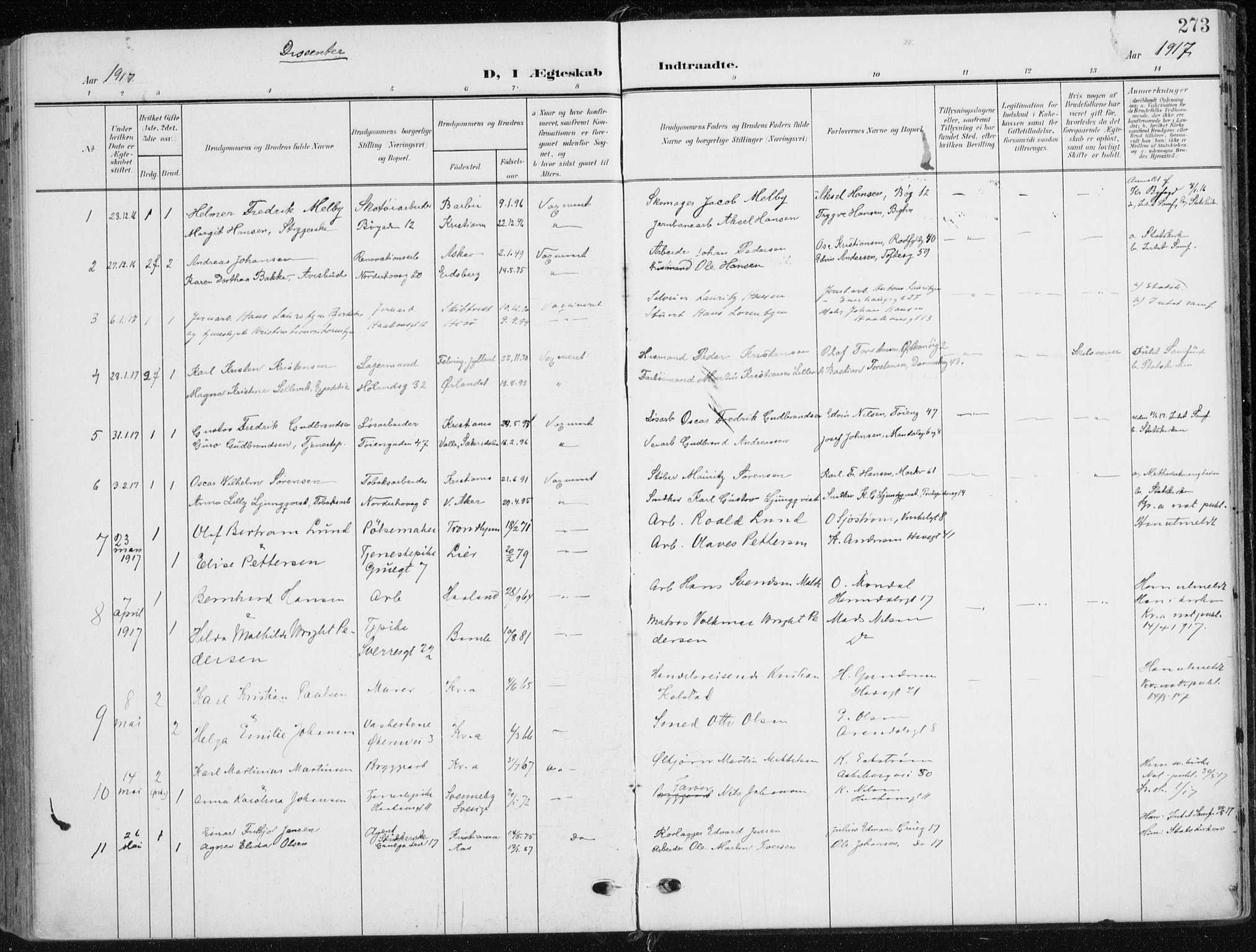 Kampen prestekontor Kirkebøker, SAO/A-10853/F/Fa/L0011: Parish register (official) no. I 11, 1907-1917, p. 273