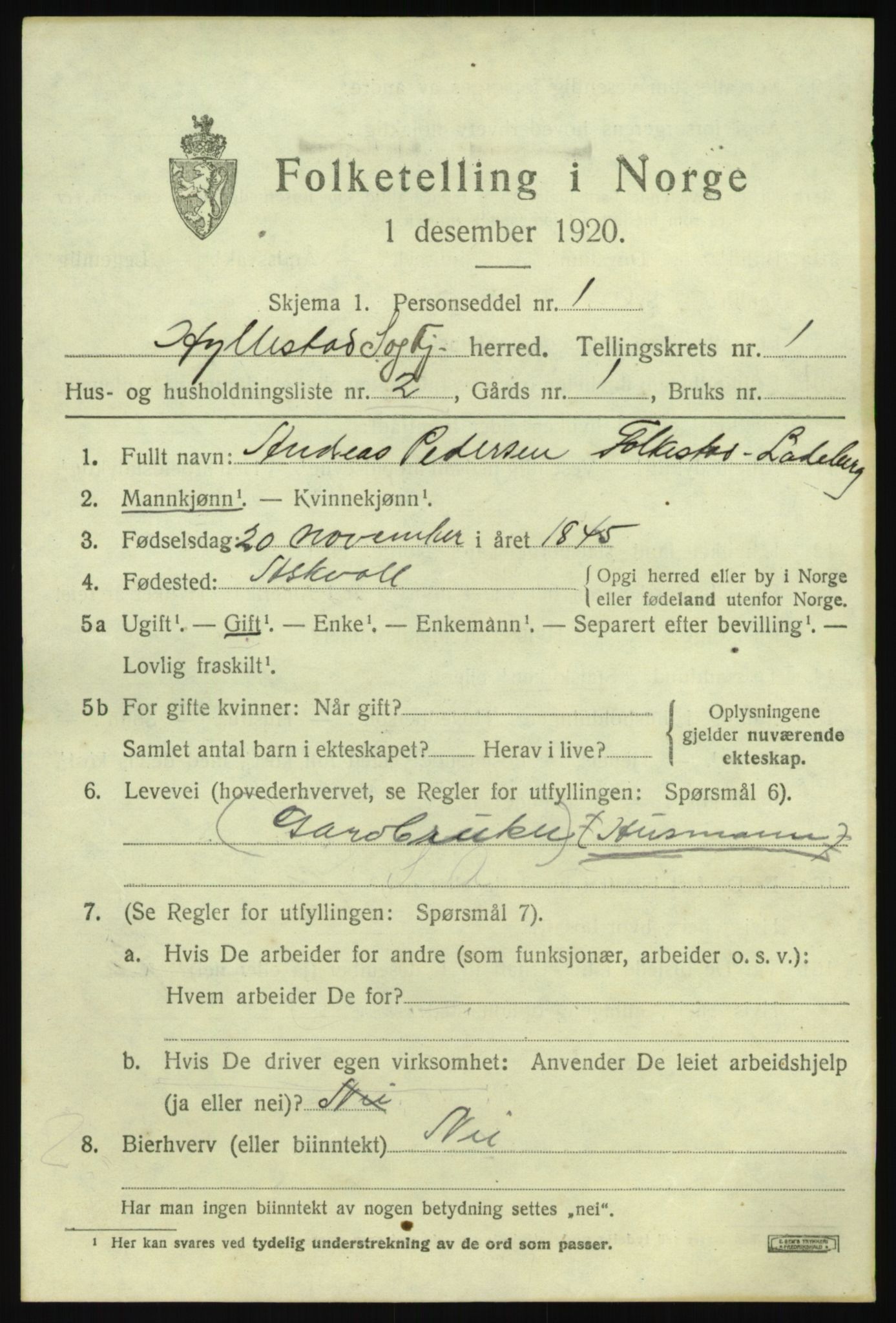 SAB, 1920 census for Hyllestad, 1920, p. 894