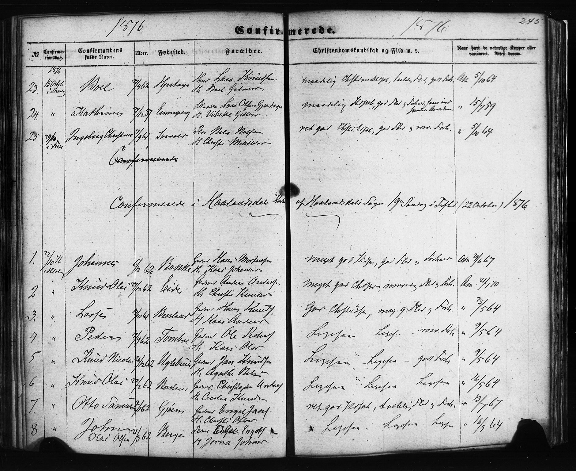 Fusa sokneprestembete, AV/SAB-A-75401/H/Haa: Parish register (official) no. A 1I, 1855-1879, p. 245