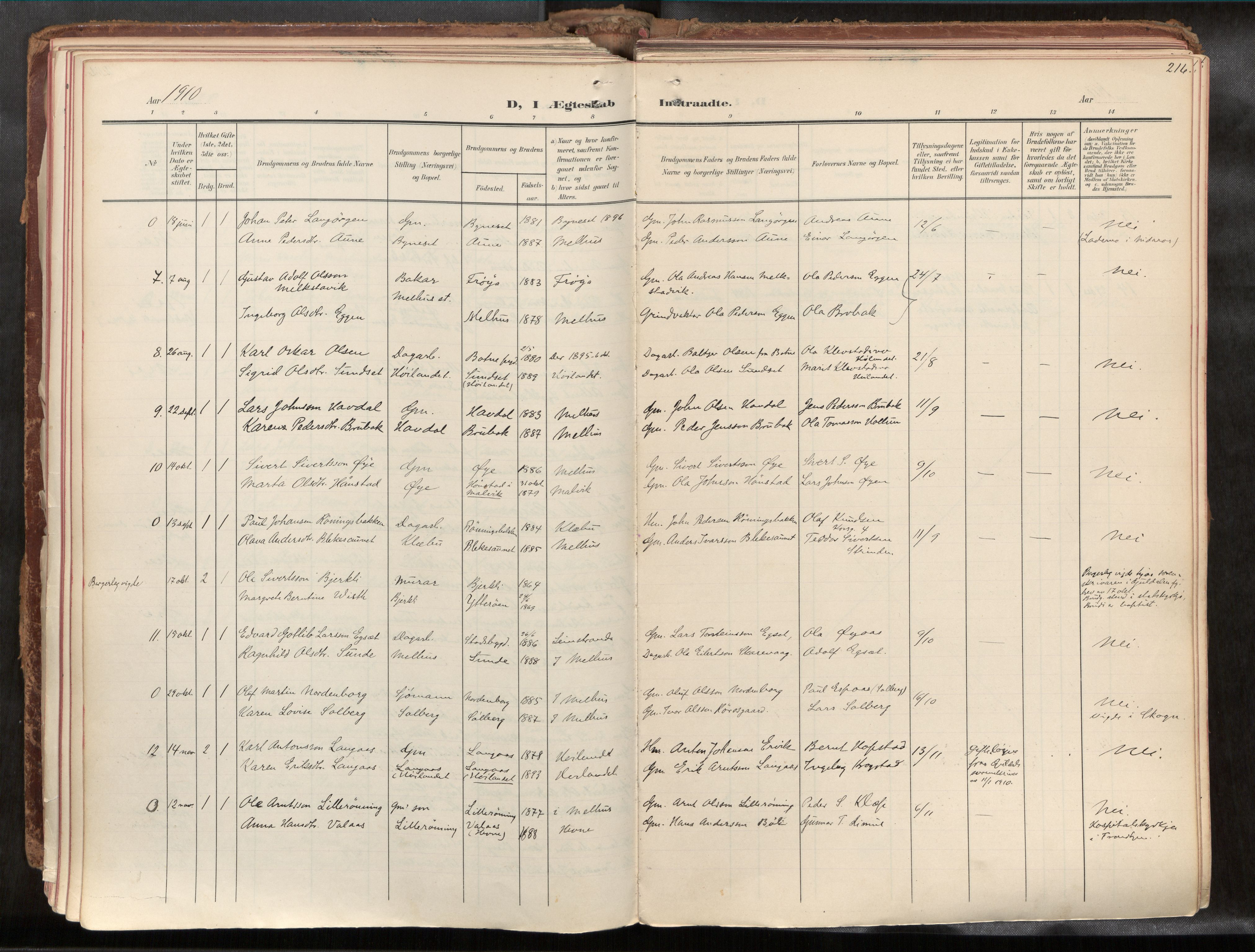 Ministerialprotokoller, klokkerbøker og fødselsregistre - Sør-Trøndelag, SAT/A-1456/691/L1085b: Parish register (official) no. 691A18, 1908-1930, p. 216