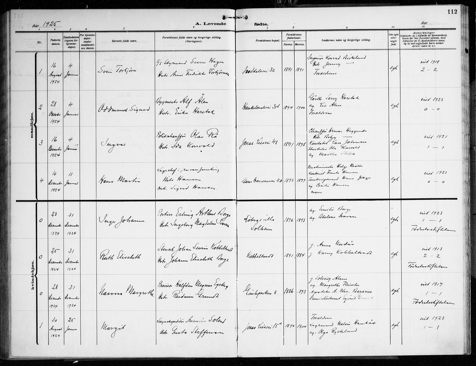 Årstad Sokneprestembete, SAB/A-79301/H/Haa/L0005: Parish register (official) no. A 5, 1923-1925, p. 112