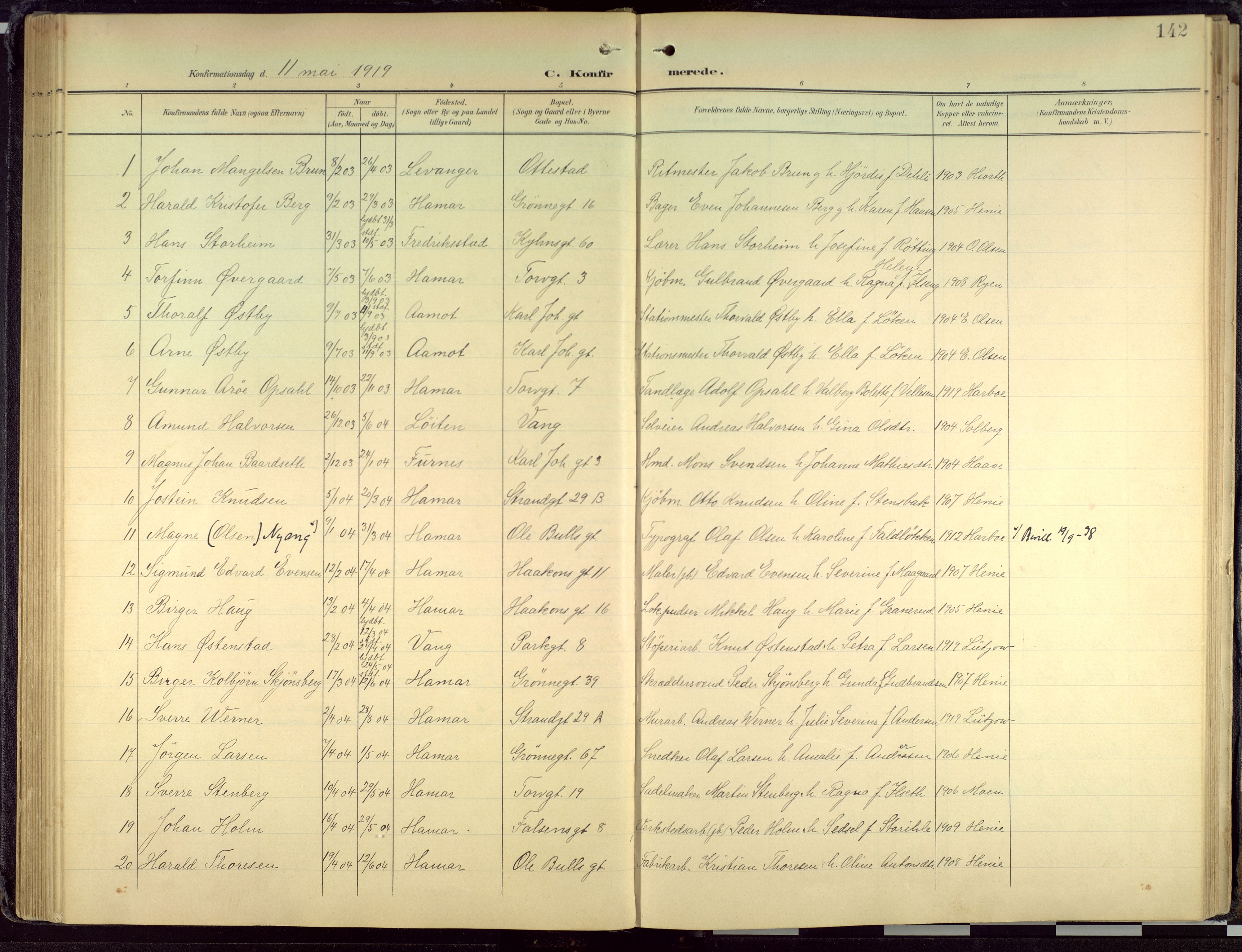 Hamar prestekontor, AV/SAH-DOMPH-002/H/Ha/Haa/L0004: Parish register (official) no. 4, 1899-1973, p. 142