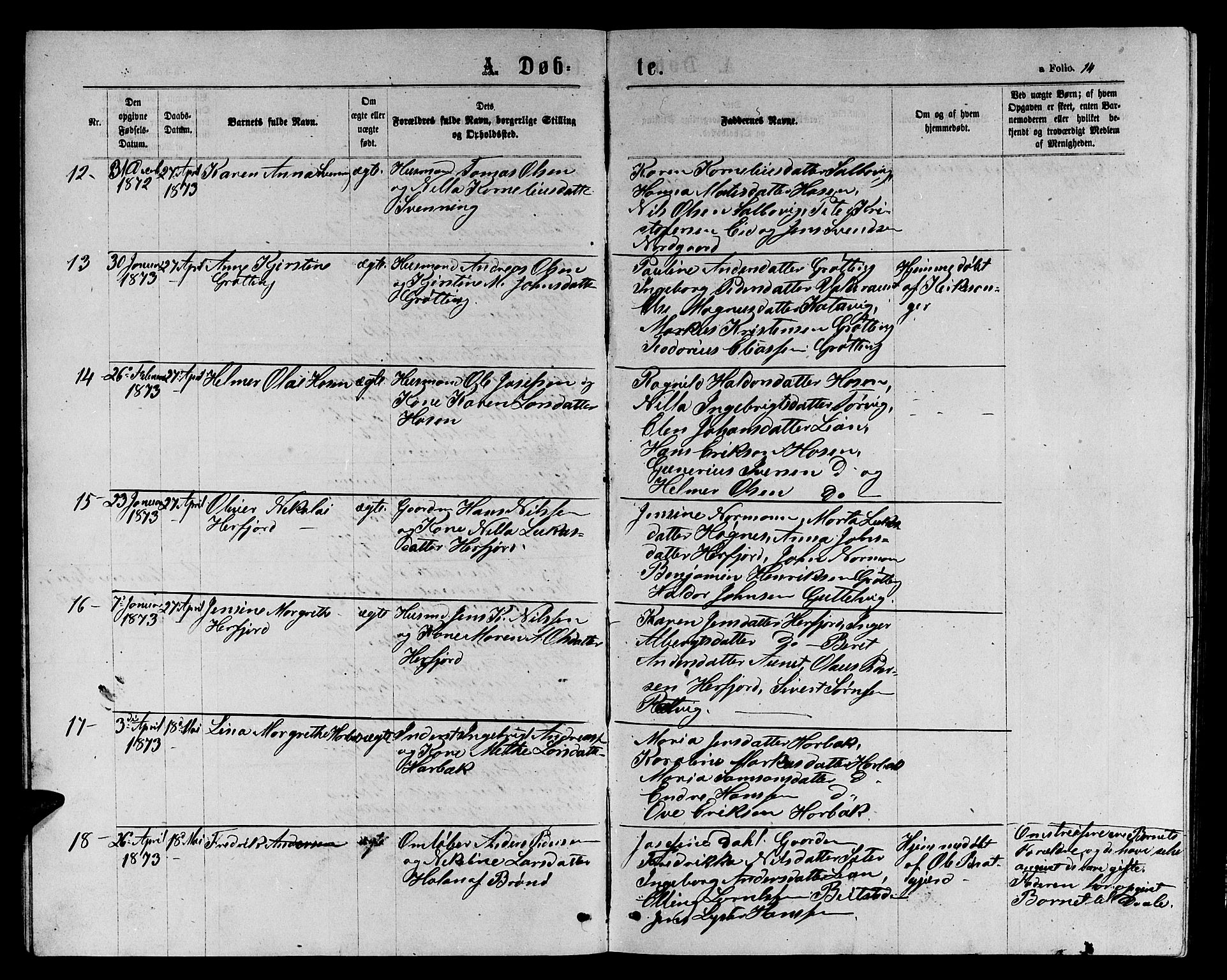 Ministerialprotokoller, klokkerbøker og fødselsregistre - Sør-Trøndelag, AV/SAT-A-1456/656/L0695: Parish register (copy) no. 656C01, 1867-1889, p. 14