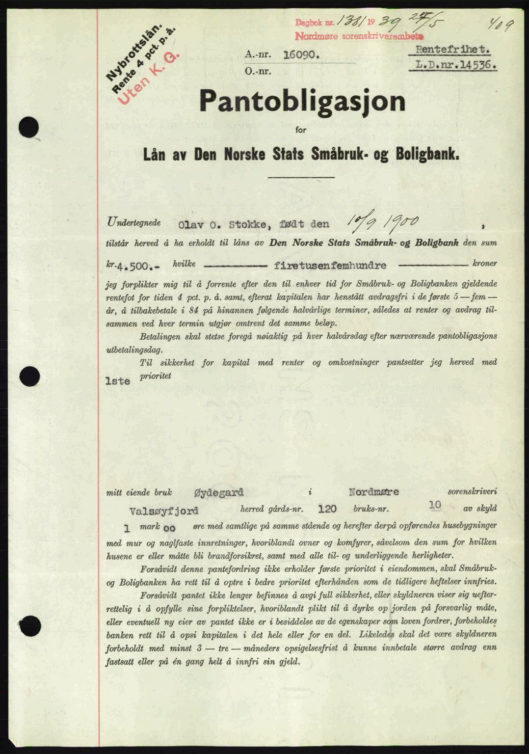 Nordmøre sorenskriveri, AV/SAT-A-4132/1/2/2Ca: Mortgage book no. B85, 1939-1939, Diary no: : 1381/1939