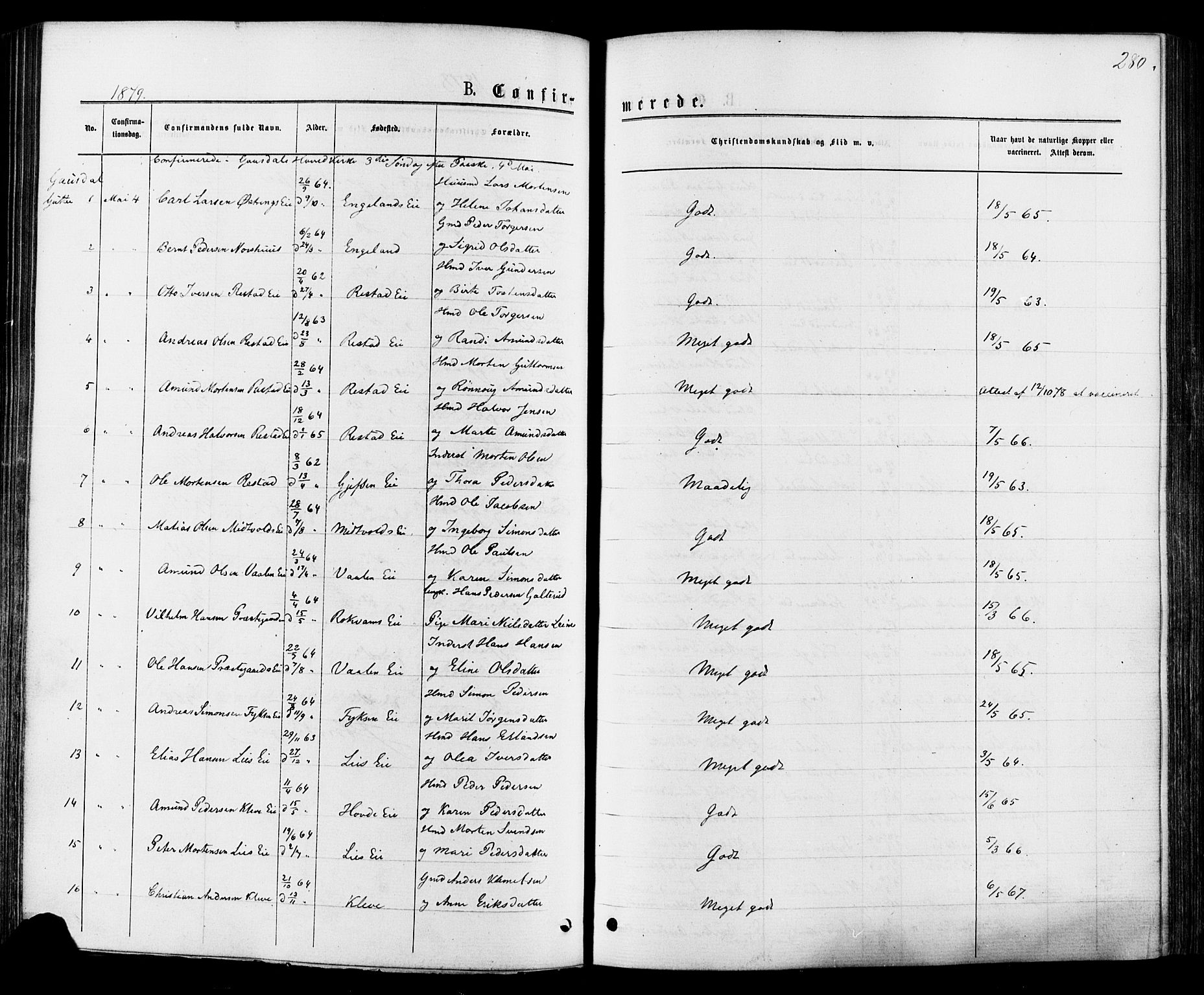 Østre Gausdal prestekontor, SAH/PREST-092/H/Ha/Haa/L0001: Parish register (official) no. 1, 1874-1886, p. 280
