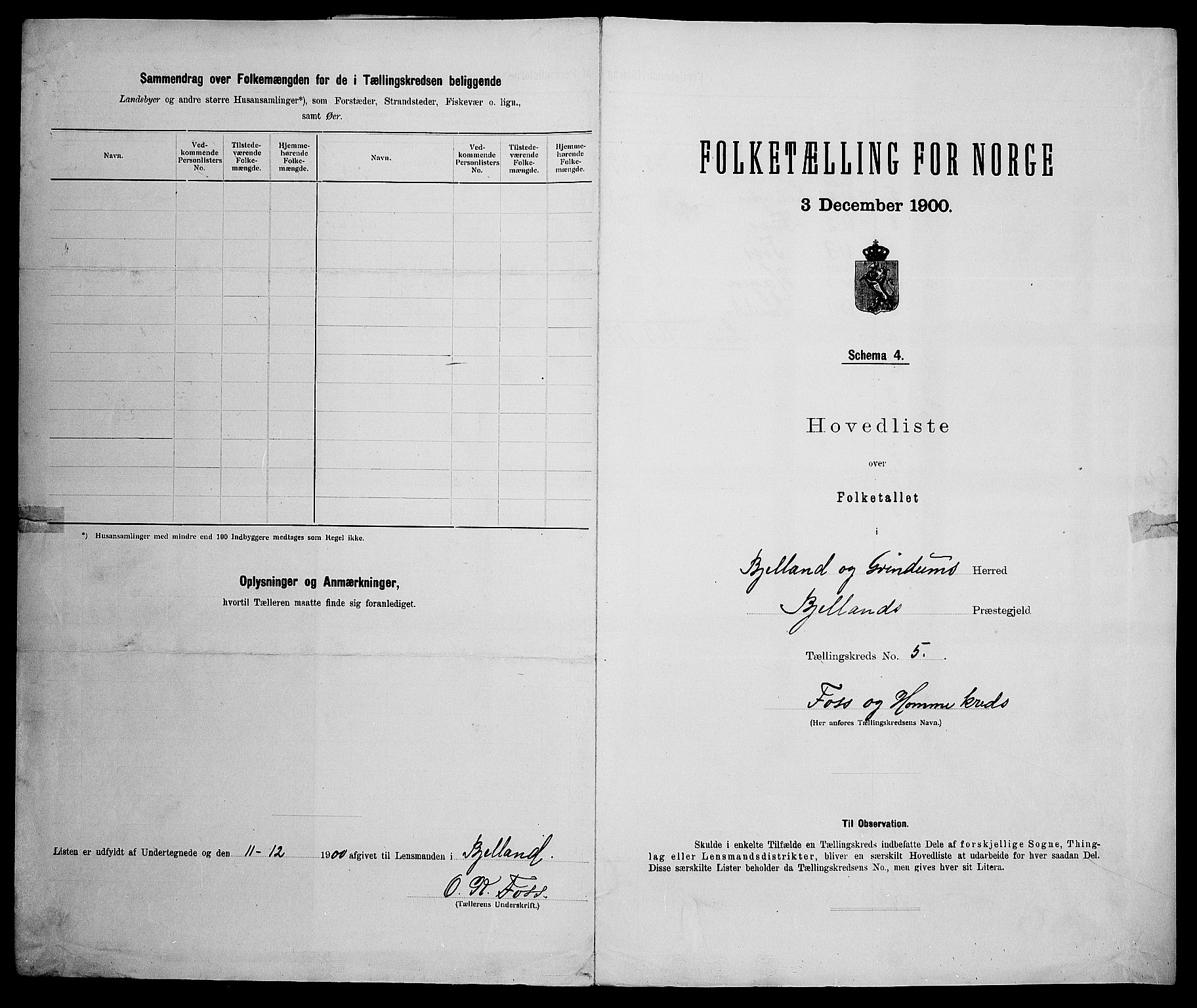 SAK, 1900 census for Bjelland og Grindheim, 1900, p. 13