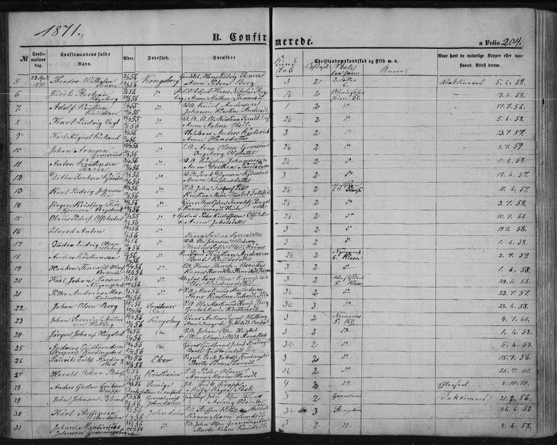 Kongsberg kirkebøker, SAKO/A-22/F/Fa/L0010: Parish register (official) no. I 10, 1859-1875, p. 204