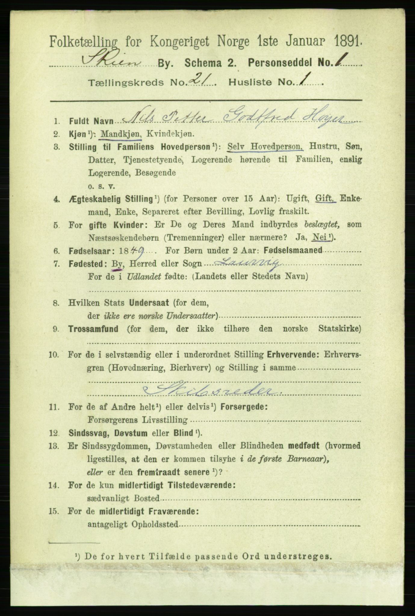 RA, 1891 census for 0806 Skien, 1891, p. 5404